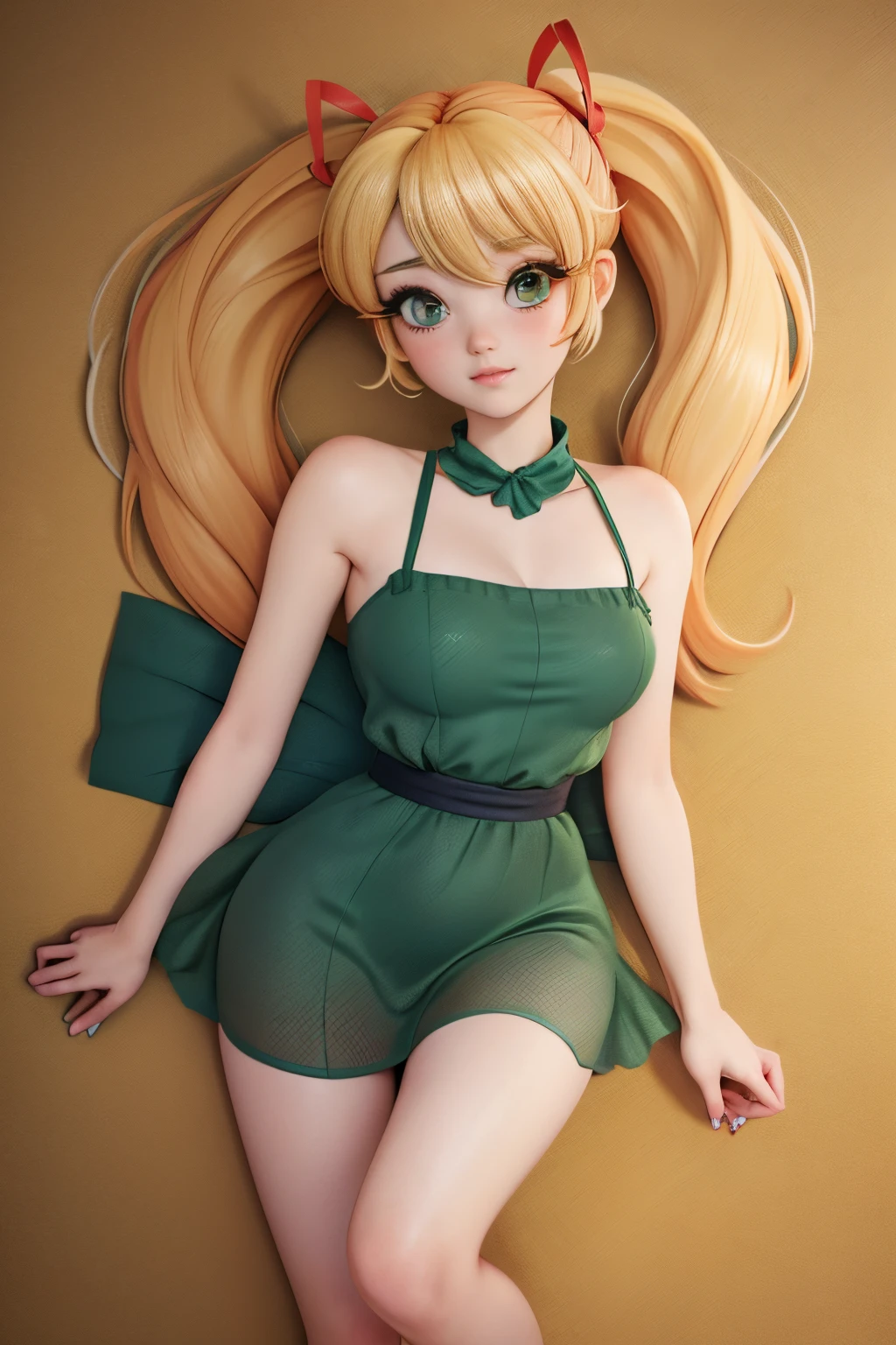anime styled, Anime Artwork,The ultra -The high-definition,超A high resolution,wink,Clear eyes, Pretty lips, Beautiful girl with well-formed face,long eyelashes, Twin tails tied with a red ribbon,blonde hair, A begging look, Sheer emerald green short dress in sheer fabric, fullnude,bare-legged,Draw the whole body from the top of the head to the toes。A deserted summer coast