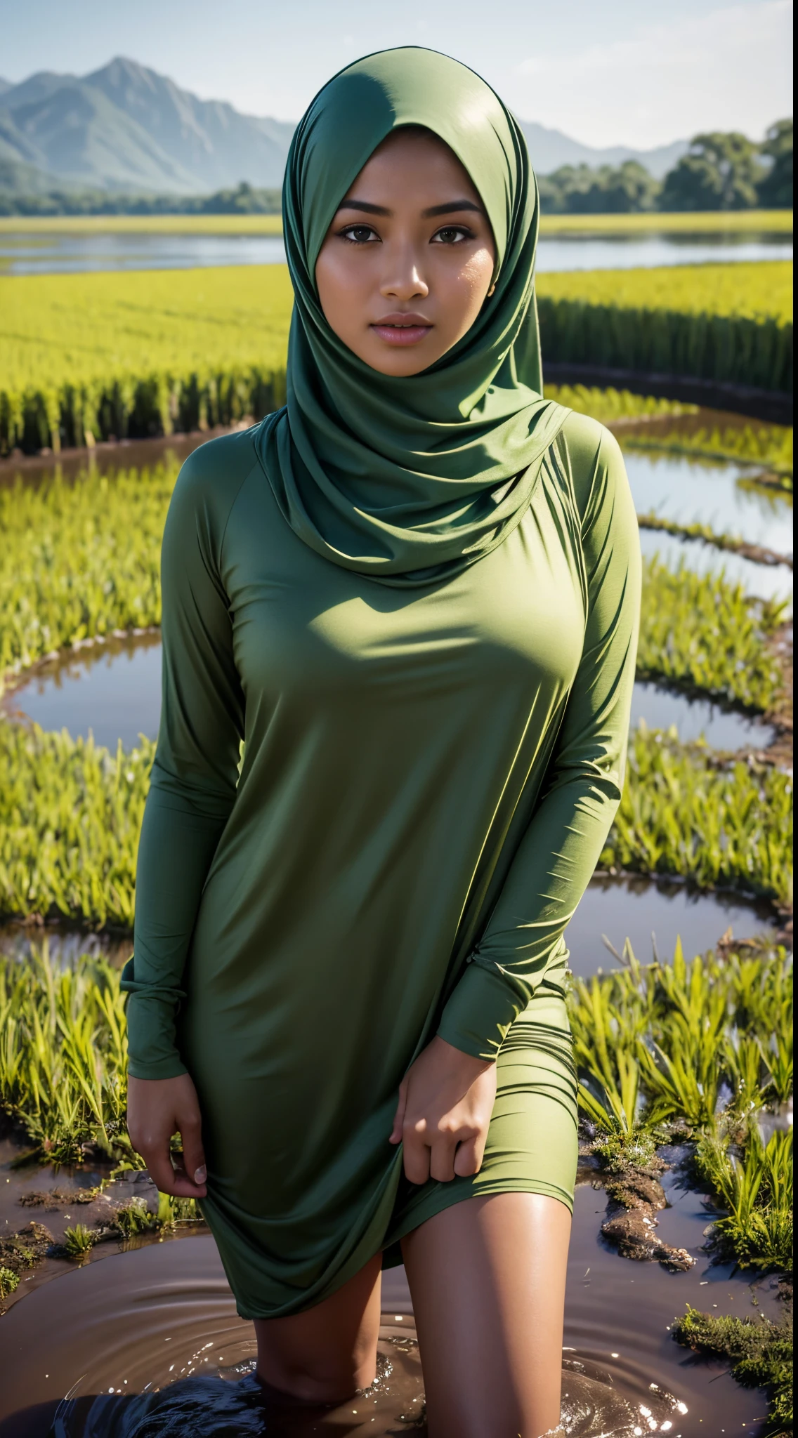 RAW, Best quality, high resolution, masterpiece: 1.3), beautiful Malay woman in green:0.8),cleavage, RAW, Best quality, high resolution, Masterpiece: 1.3, Beautiful hijabi malay girl, Masterpiece, Soft smile,Beautiful Malay women wear pastel color hijab in rice paddy, bright sunshine, ankle length dress, shawl, long sleeved shirt, bright clothing, dark skin, highres,4k,HDR,1girl, photorealistic, realistic,sweat skin, thin face, big breast, perfeck make up, big eyes, glossy lips, soft smile, thick , cleavage, portrait, cinematic, realistic, photo, standing in a rice field, dirt on clothes, mud on boots, raining heavily, wet body, raining heavily,