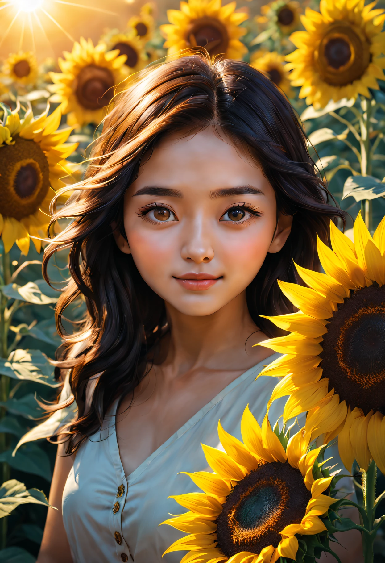 (Girl in the garden),himawari,Beautiful and gentle petals,Huge, vibrant flowers blooming in the sun,sunflower fields,Symbol of the Inca Empire,sun worship,positive messenger,attractive beauty,in harmony with nature,uplifting and energizing,Unwavering loyalty,symbol of adoration and admiration,Explosion of color and energy,everlasting happiness and joy,longing for warmth and light,Has natural depth,Embrace the sun。(Best quality at best,tall house:1.2),ultradetailed,realistic portrayal,flawless execution,vivd colour,Clear focus,natural lightting,Realistic petal texture,Peaceful and calm atmosphere,exquisite detailing,exuding happiness and warmth,Capture the moment perfectly,beauty of simplicity。