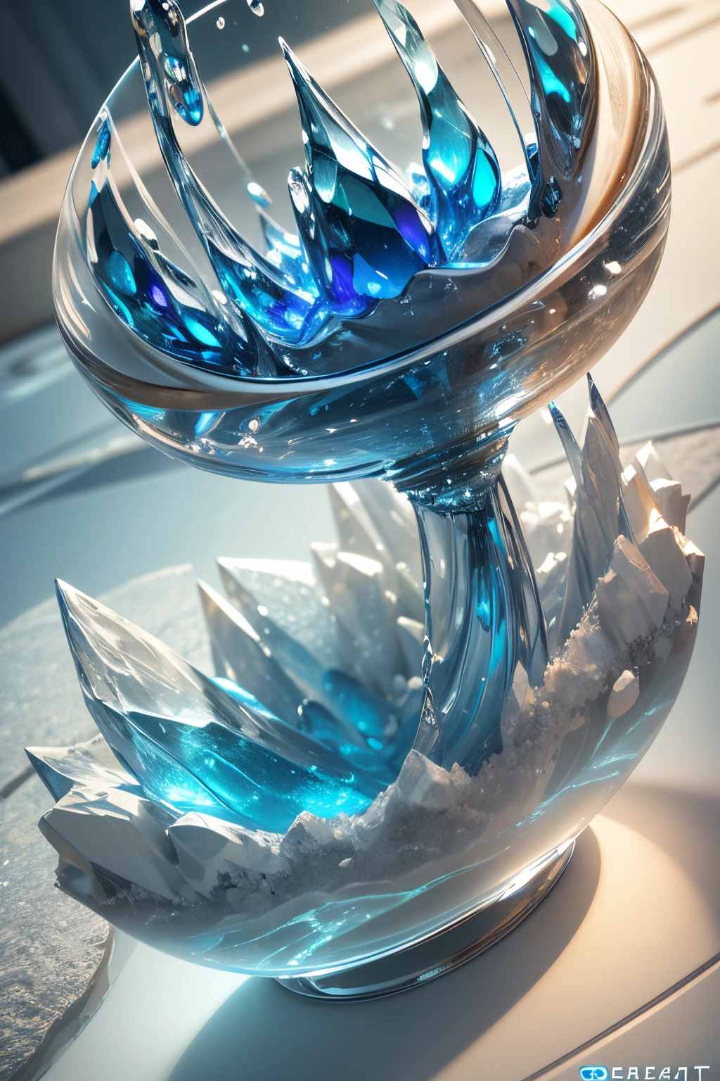 ((SeaArt logo)) !Highest quality! Masterpiece! High-quality logo. 3D visualization. Unreal Engine. The highest quality, details, textures, materials, and clear forms (smooth glass, synthetic material, artificial stone, plastic, metal). Blue radiance from the depths of the forms, Seaart Logo!, 3D logo. One . Front camera view, perspective
