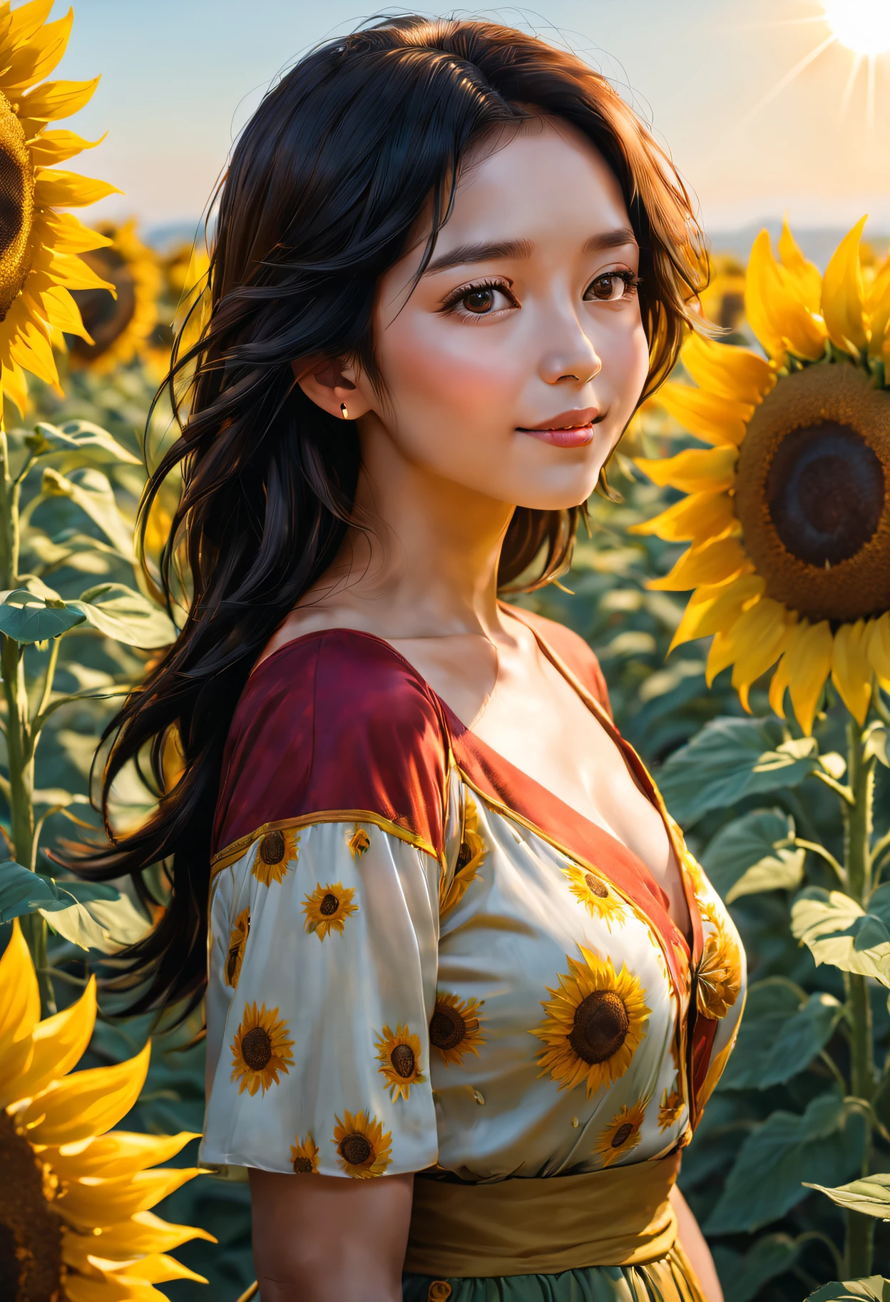 （Girl in the garden），himawari，Beautiful and gentle petals，Huge, vibrant flowers blooming in the sun，sunflower fields，Symbol of the Inca Empire，sun worship，positive messenger，attractive beauty，in harmony with nature，uplifting and energizing，Unwavering loyalty，symbol of adoration and admiration，Explosion of color and energy，everlasting happiness and joy，longing for warmth and light，Has natural depth，Embrace the sun。（Best quality at best，tall house：1.2），ultradetailed，realistic portrayal，flawless execution，vivd colour，Clear focus，natural  lightting，Realistic petal texture，Peaceful and calm atmosphere，exquisite detailing，exuding happiness and warmth，Capture the moment perfectly，beauty of simplicity。