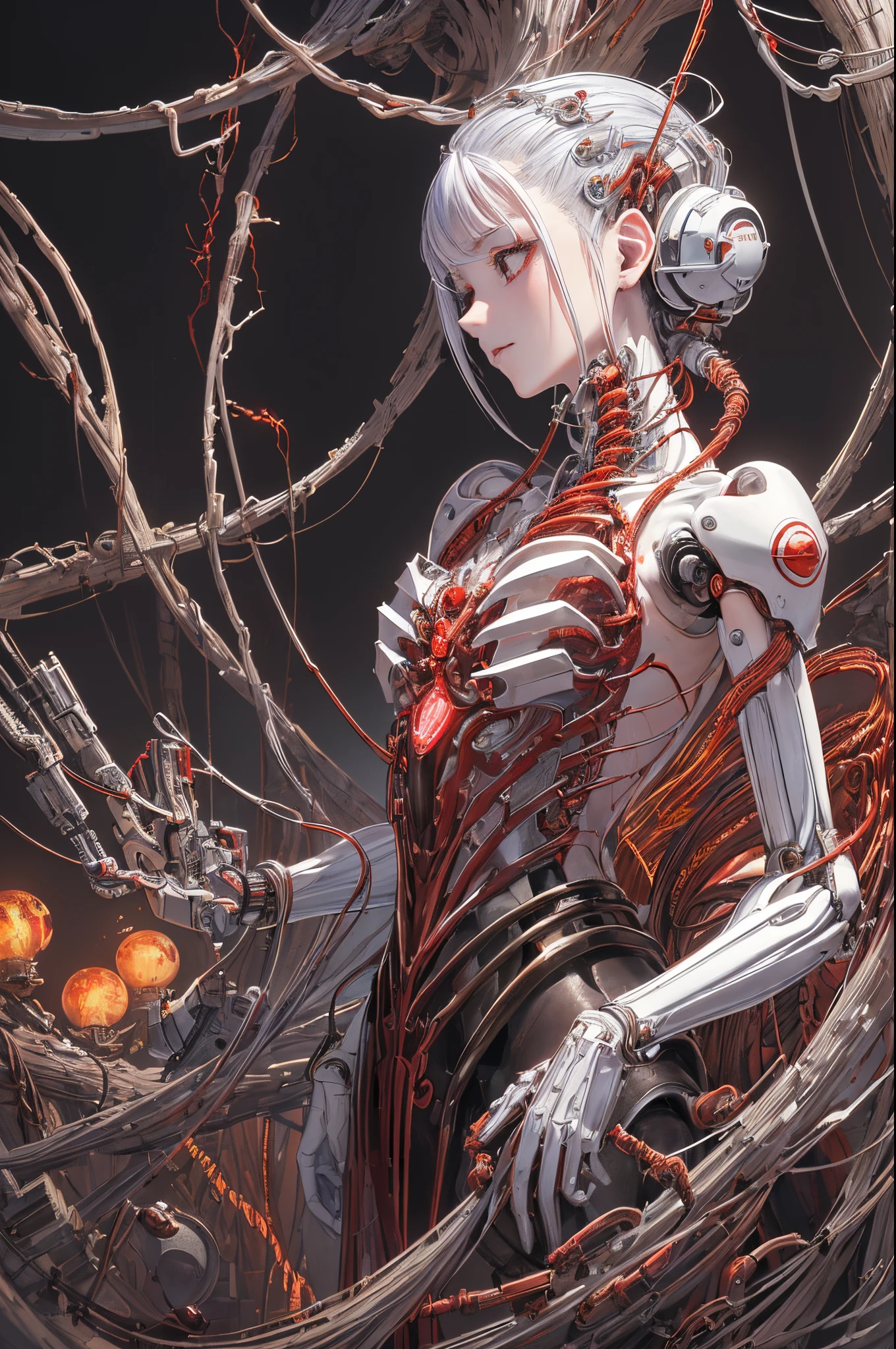 (tmasterpiece, quality, Best quality, offcial art, Beautiful and beautiful:1.2), (1 sister:1.3), The is very detailed,Colorful,The most detailed ((ultra - detailed)), (Highly detailed CG illustration), ((Extremely Delicately Beautiful)),(seen from the side),电影灯光,((1 mechanical girl)),Alone,Full body lesbian,(Machine joint:1.2),((Mechanical limb blood vessels are connected to tubes Mechanical vertebrae are connected to the back),((The mechanical cervical vertebrae are attached to the neck)),(sitted),face expressionless,(wires and cables attaching to neck:1.2),(wires and cables on head:1.2)(Character focus),scientific fiction,white backgrounid,(bloods:1.5)