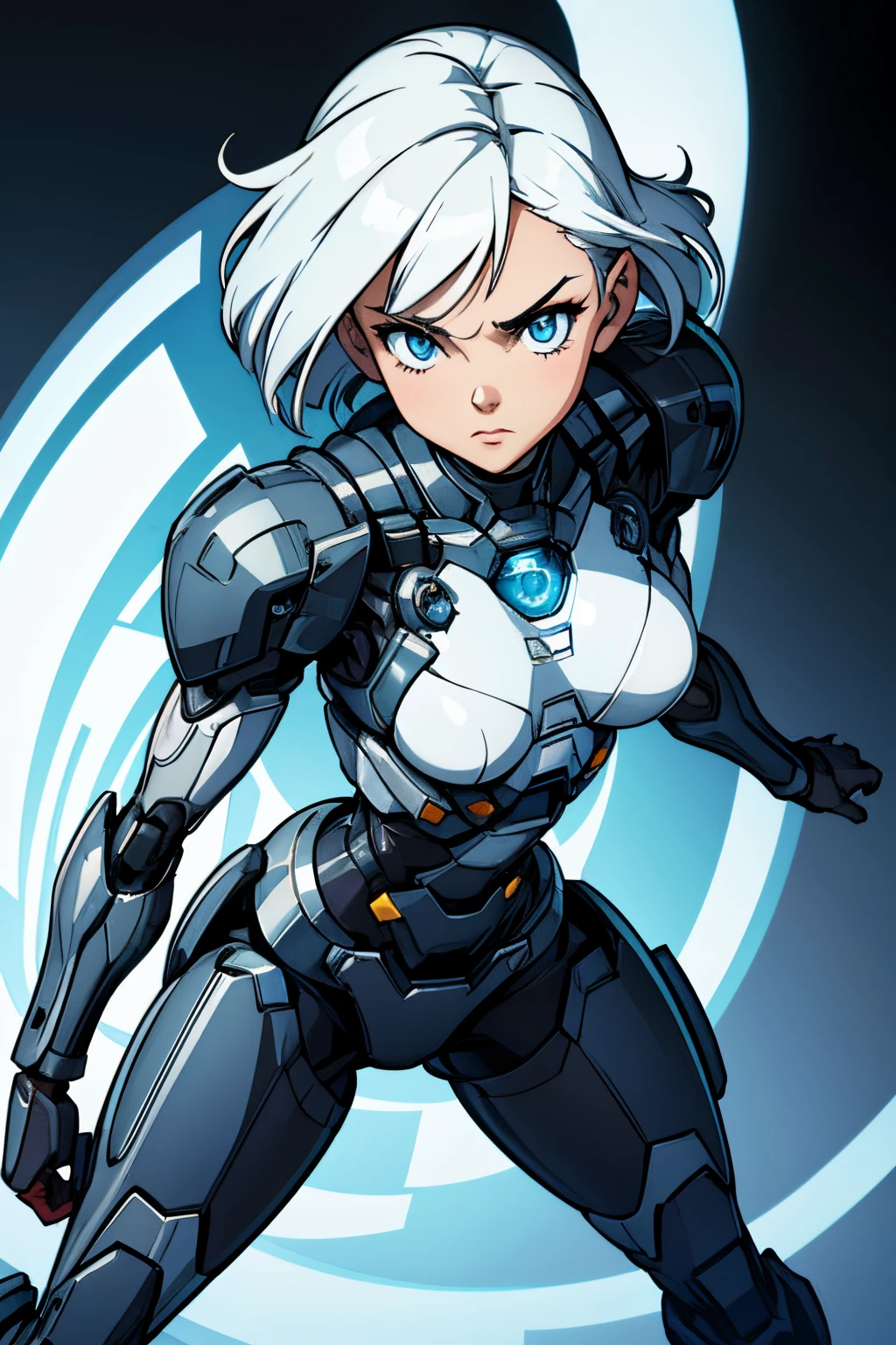 cute girl, her eyes are white, her hair is short black, she has iron hands, and she has an iron rectangle in her chest, She wears a women's bra, Almost naked girl, very white her eyes, Combat stance,Cyborg