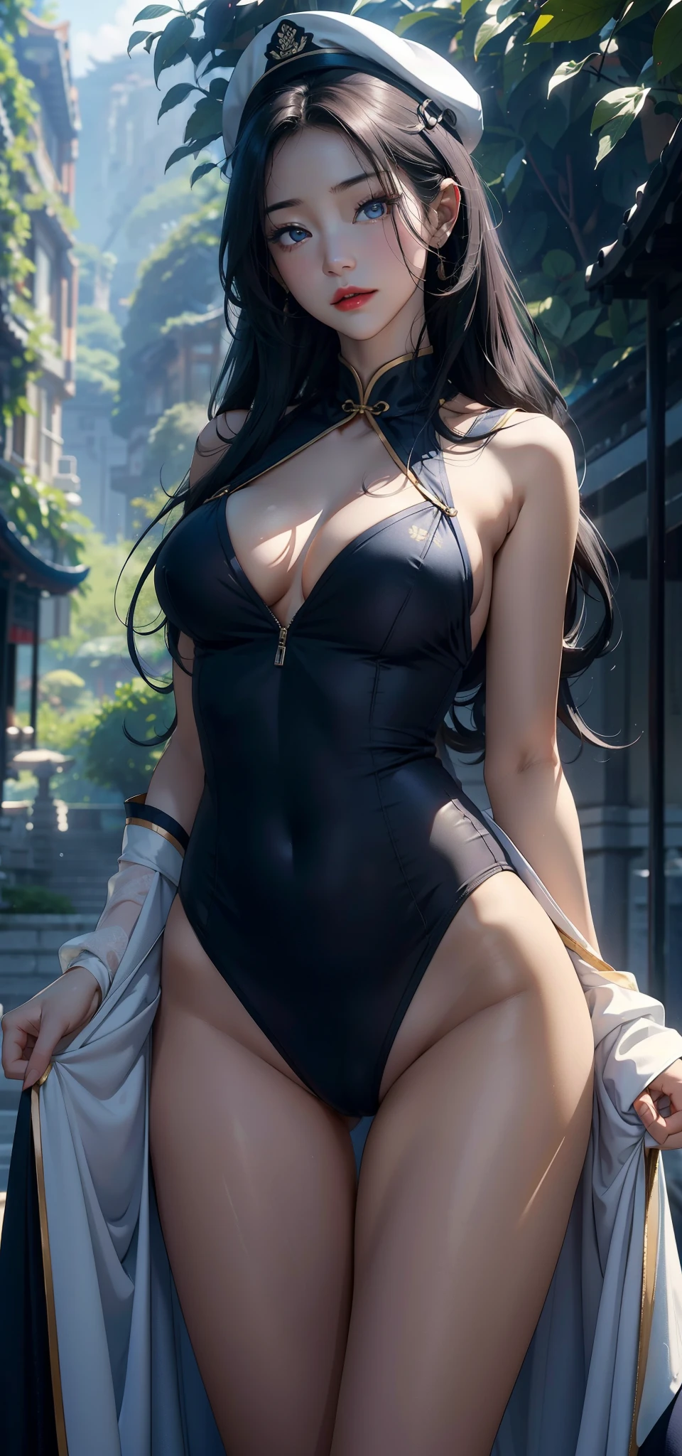 1female,45 yers old,Married woman,legs long, a slender waist, photo exposure, 独奏,(Background with:at a forest,the rainforest,in summer) She has long black hair,Redlip,The stands up,seen from the front, curlies, The sky is mostly cloudy,(((tmasterpiece),(Very detailed CG unified 8k wallpaper),Best quality,电影灯光,detailed back ground,Beautiful right eye pupil,(very delicate beautiful),(Beautiful and detailed eyes description),ultra - detailed,tmasterpiece,)),facing at the camera,A high resolution,ultra - detailed),Revealed,equipment, convex,Camel toes,Raised sexy,plum,The waist is very thin,legs long, 独奏,legs are open,, and his long black hair,seen from the front, , The sky is mostly cloudy,(((tmasterpiece),(Very detailed CG unified 8k wallpaper),Best quality at best,电影灯光,detailed back ground,Beautiful and exquisite eyeless right pupil,Snow-whiteskin,Redlip(very delicate beautiful),(Beautiful and detailed eye descriptions),ultra - detailed,tmasterpiece,))facing at the camera,A high resolution,ultra - detailed), convex,legs are open,Raised sexy,Camel toe skin color,dissatisfied,the street,Chinese Navy,Blue and white sailor suit,Sailor's cap,Red five-pointed star logo