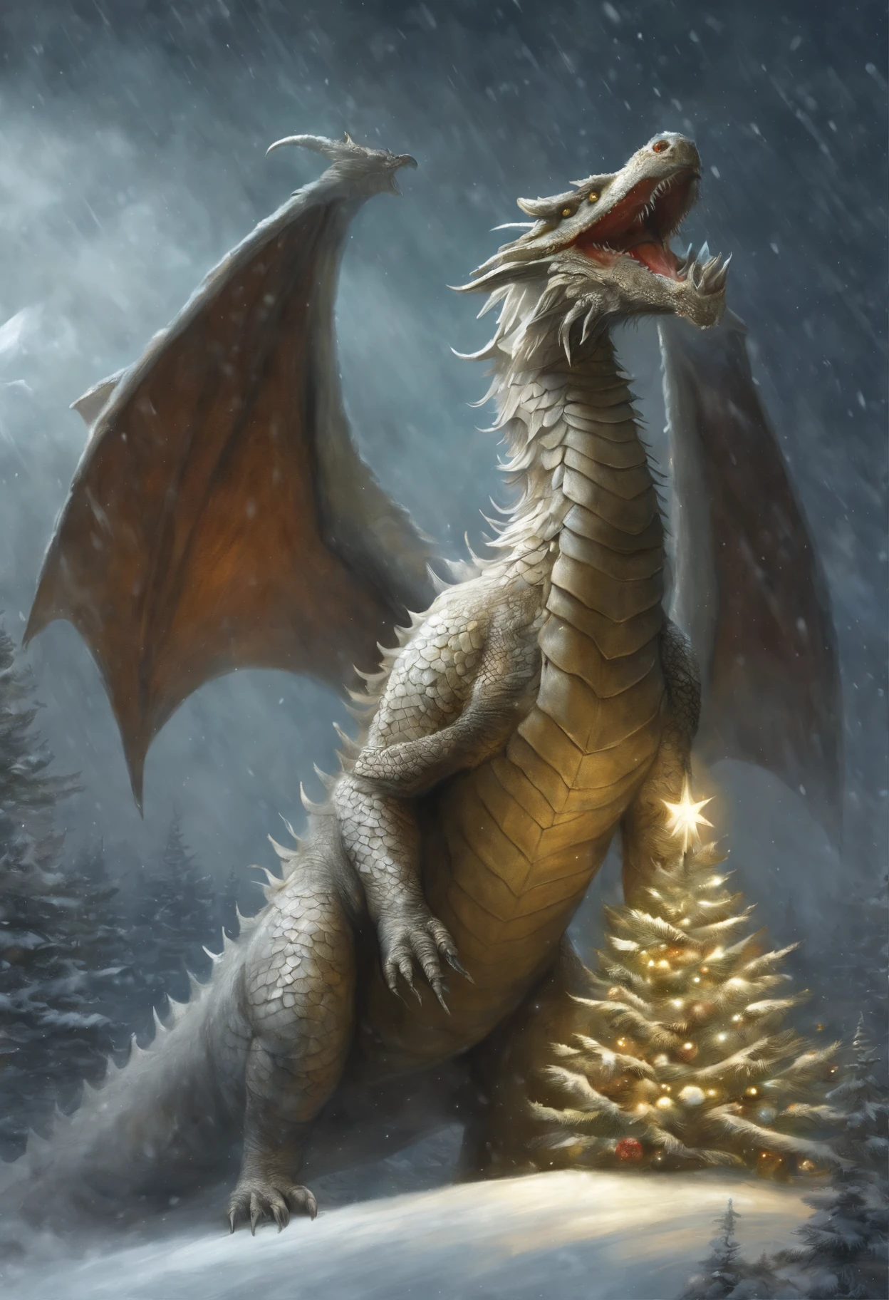 真实感, dark fantasy style, John Tolkien style, Small painting by Jean-Baptiste Monge, the dragon hugs the Christmas tree with its tail, winter, Snow is falling, huge christmas tree, a huge white dragon hugs a Christmas tree, large white dragon with golden crest, anatomically correctly drawn body, Looks like an ancient dragon, Santa Claus near the Christmas tree, The city, megalopolis, city trail, Big Christmas tree, glass skyscraper, Jean-Baptiste Monge, anthropomorphic --ar 2:3 --testp -optimistic;