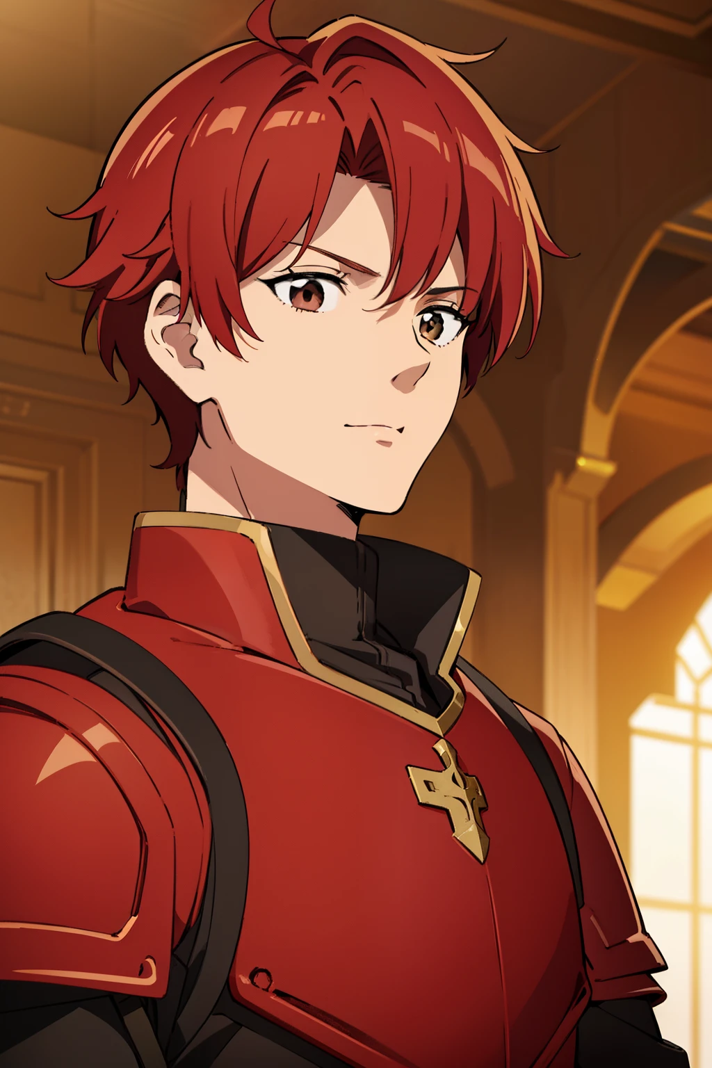 (best quality, 4k, 8k, high resolution, master part: 1.2), ultra-detailed, Medieval era. A 15 year old boy, red hair and brown eyes, wearing red armor, front camera, against a white background