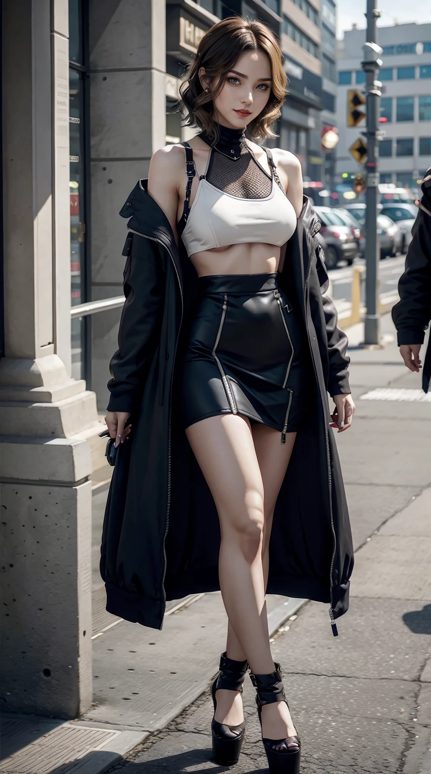 a 25yo woman、I have mesh in my hair、eye color is brown、Short Bob、hair is wavy、wearing eye shadow and lipstick、accessories on wrist、Slender but well-proportioned muscular body、Wearing a high neck zipper up top、wearing a long coat on one's shoulders、She is wearing a tight skirt with a deep slit.、Arms crossed、I'm wearing high heels、a smile