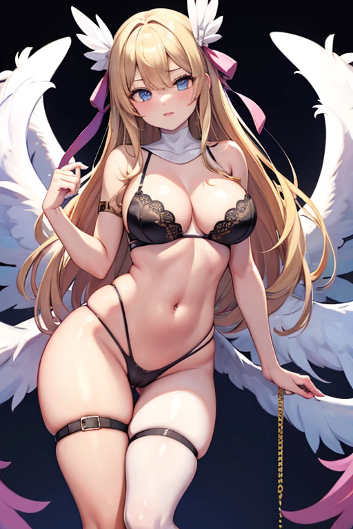 blonde hair, leopard print pattern bra, leopard print pattern lingerie, leopard print pattern underwear, long hair, blue eyes, angel wings,large breasts, bare shoulders, elbow gloves, feathered wings, gloves, head wings, navel, pink ribbon, ribbon, single elbow glove, single glove, thigh strap, wings