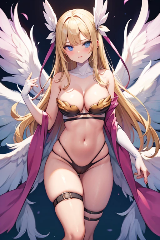 blonde hair, leopard print pattern bra, leopard print pattern lingerie, leopard print pattern underwear, long hair, blue eyes, angel wings,large breasts, bare shoulders, elbow gloves, feathered wings, gloves, head wings, navel, pink ribbon, ribbon, single elbow glove, single glove, thigh strap, wings