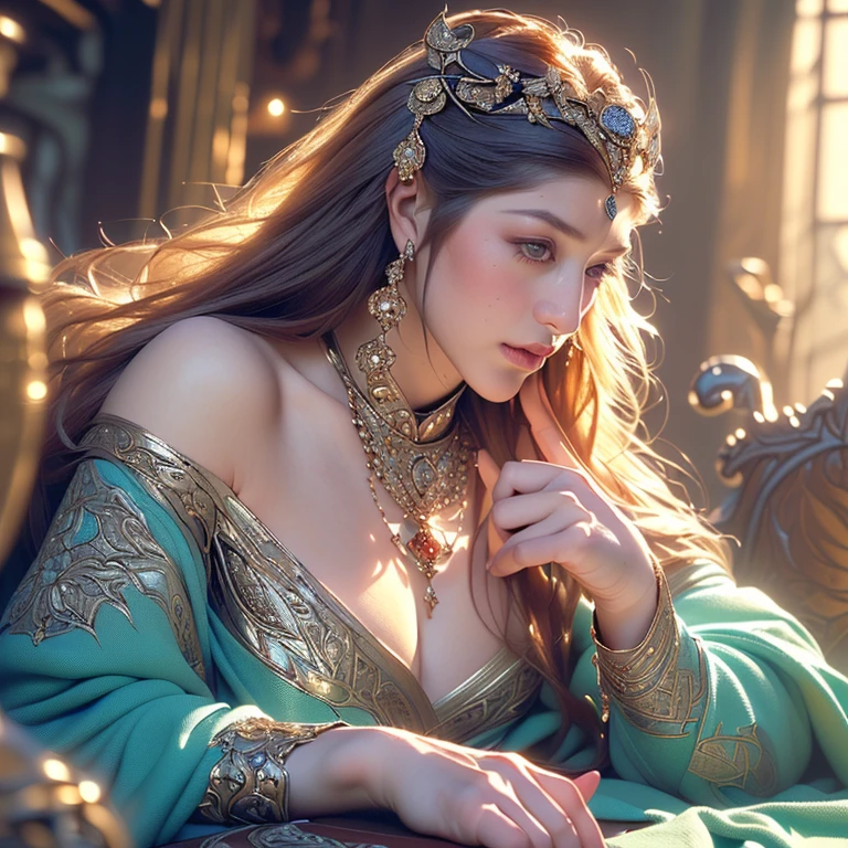 A mysterious beautiful woman, cleavage, small breasts, detailed face, beautiful eyes, detailed lips, long eyelashes,  cinematic lighting, dramatic shadows, highly detailed, 8k, ultra-detailed, hyper-realistic, photorealistic, masterpiece, digital art, fantasy, intricate details