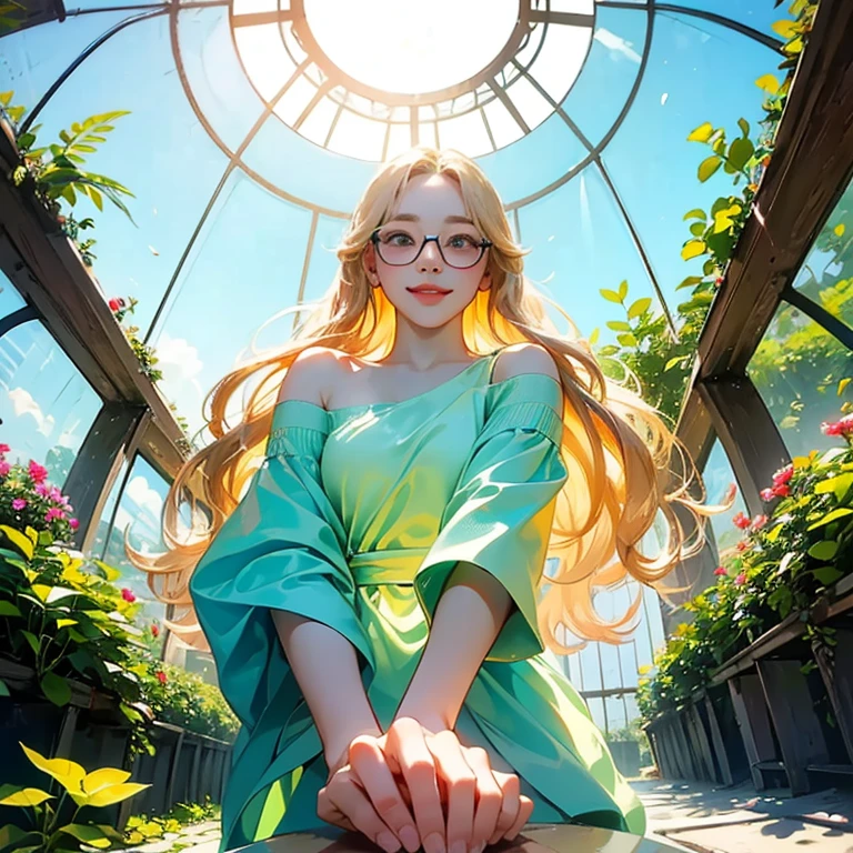 ( Masterpiece, best quality , shot from below , 75mm lens, fisheye:1.2 ), ((pov from below:1.4)), (( beautiful, luxurious, greenhouse dome:1.5, glass panels, plants of colours, vibrant , extreme high detailed, intricate details )). ( 1woman_/(kimtaeyeon/), narrow face, strong jaw, [plump cheeks], transparent glasses, dark hair with blonde highlights, loving smile, beautiful eyes, caring smile, wearing beach summer ootd ), ( cinematic lighting, backlit, soft light)