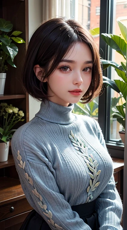 Beautiful girl standing in front of a store in a shopping mall,
(A hyper-realistic,hight resolution, ighly detailed:1.2), (8K), (beatiful detailed eyes, A detailed face:1.2), (top-quality), (ultra-detailliert), (( masutepiece)),Best Quality,Very detailed,
Beautiful woman standing wearing gray。 ,Twisted Pattern Turtleneck Pullover Sweater,
Blue pleated skirt,
Black Medium Bob, Beautiful meticulous eyes, Cute face, Bust, Big Bossom, Beautiful meticulous face, Seductive smile,
25 years old, mature appearance, Realistic drawing art ,
1womanl,A half body,Head to bust image scope,
up close shot,
(Plant illustration: 1.5),