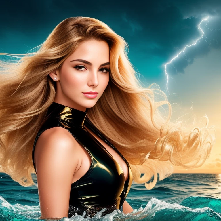 "(Mature and realistic portrayal:1.21,750HD resolution) Sailor Moon (golden bronde hair) submerging from oceans of crystal clear water, background is a black sky, filled with thunder and lighting. She's exhibiting empowering poses while displaying a playful, flirtatious smirk with her hands above her head, album cover type photo