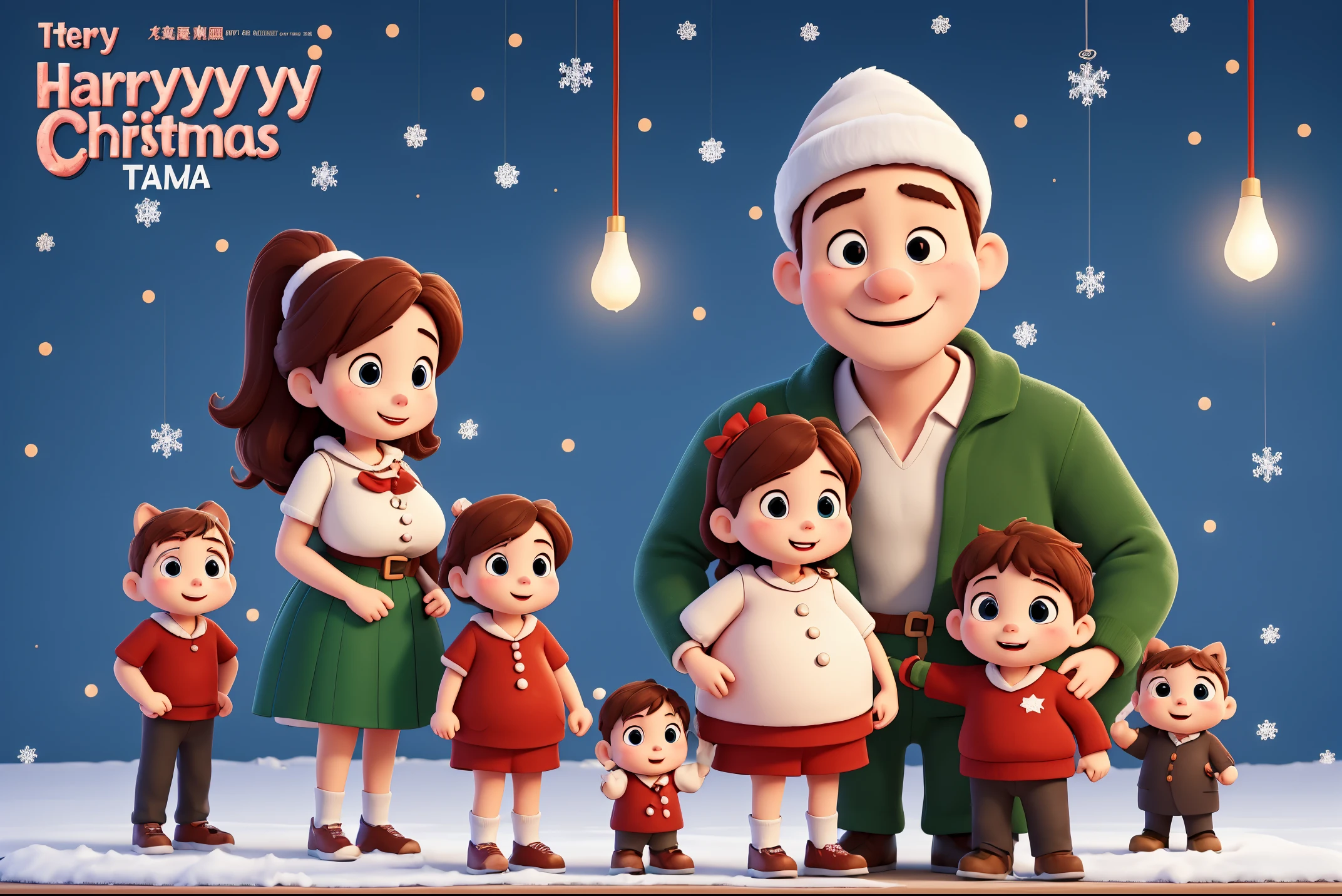 Christmas poster design。Happy family,daddy,mother with big breasts,younge boy,bit girl。Merry Christmas.