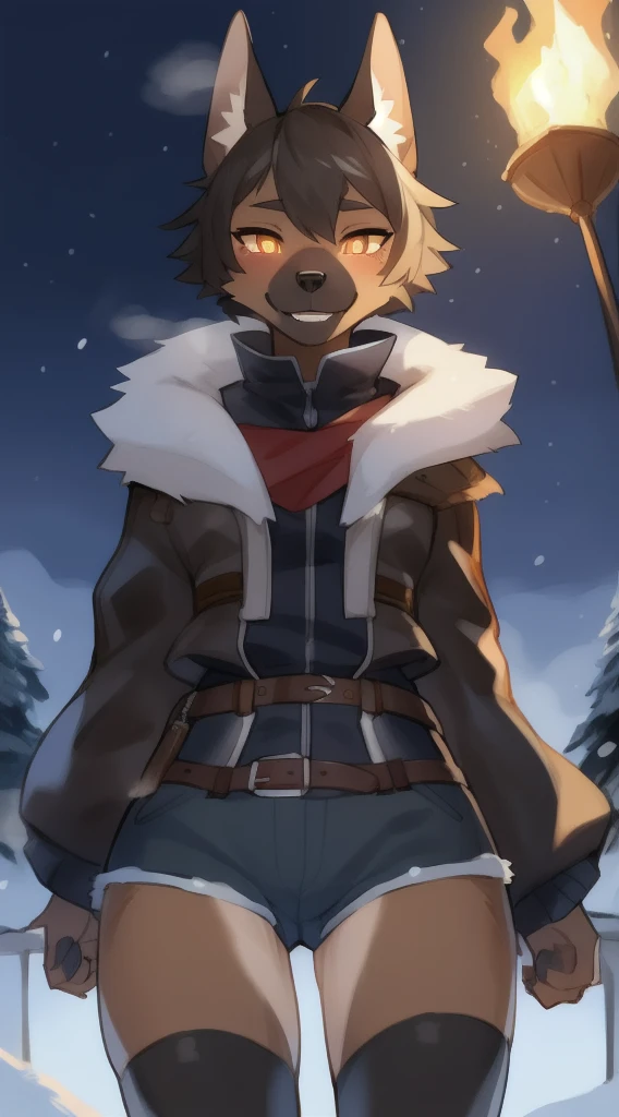 独奏, (A girl:1.2), , eye liner, lips, Short shorts, long-sleeved jacket, Adventure Clothing, dnd, Author: Bebebebebe, Belgian Shepherd Groenendael, black fur color, Fluffy, Black lip gloss, Short Hair Hair, small waist, wide hips, Slim, the perfect body, The dominant point of view, predatory smile, steam from the body, Winter is coming, warrior, Burning eyes