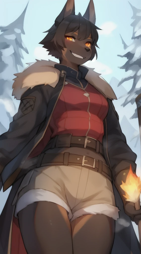 独奏, (A  girl:1.2), , eye liner, lips, Short shorts, long-sleeved jacket, Adventure Clothing, dnd, Author: Bebebebebe, Belgian Shepherd Groenendael, black fur color, Fluffy, Black lip gloss, Short Hair Hair, small waist, wide hips,  Slim, the perfect body, The dominant point of view, predatory smile, steam from the body, Winter is coming, warrior, Burning eyes