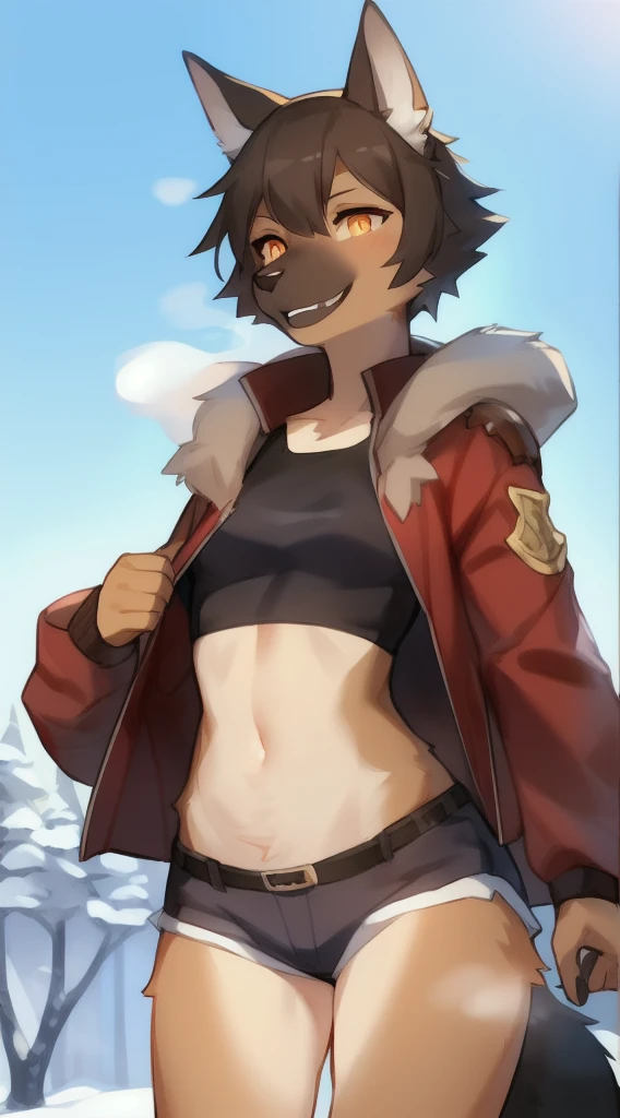 独奏, (A girl:1.2), , eye liner, lips, Short shorts, long-sleeved jacket, Adventure Clothing, dnd, Author: Bebebebebe, Belgian Shepherd Groenendael, black fur color, Fluffy, Black lip gloss, Short Hair Hair, small waist, wide hips, Slim, the perfect body, The dominant point of view, predatory smile, steam from the body, Winter is coming, warrior, Burning eyes