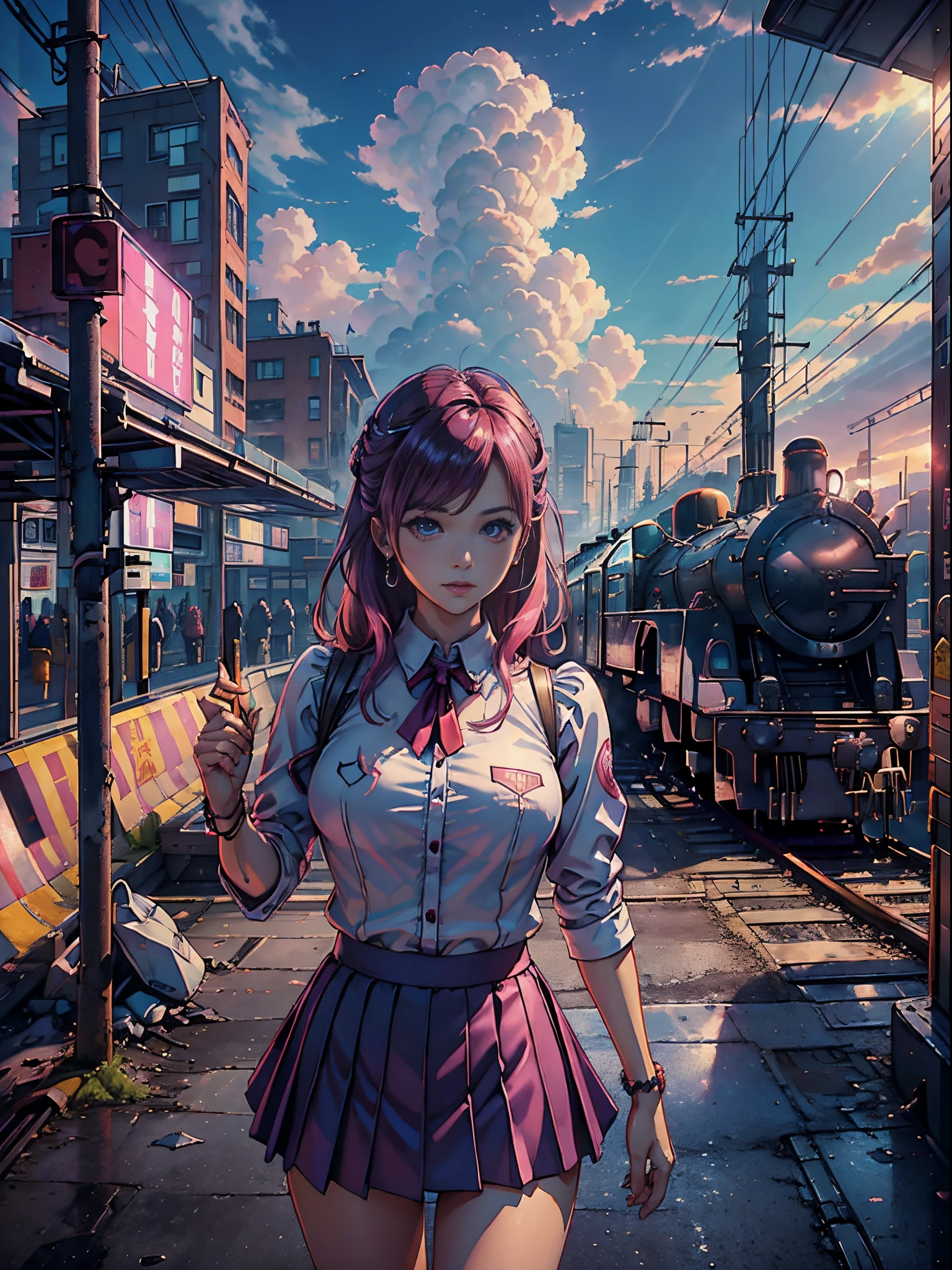 magenta tint、Vibrant colors、((tmasterpiece)))、(((quality)))、((ultra - detailed))、(Surreal)、(Very detailed CG illustration)、offcial art、CD cover、It will be、midsummer、The glorious 1980s、1 girl,Cool beauty、cochetti gorgeous、incomparable beauty、Hair color、Rock music、jaqueta de couro、Superskirt、butt lift,perfect angle、Perfectcomposition、(evening,trains站楼梯,trains,clouds),
