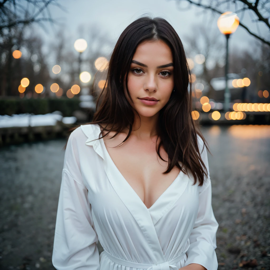 Photorealistic, ultra-detailed, Beautiful woman, portrait photo, Solo, looking in the camera, standing up, picturesque beautiful fancy scene, dark scene, dark noon, winter without snow, The essence of real life, brunette colour hair, twenty years old, cheerful , show medium cleavage, flashlights, Crystal clear sky, analogue style, film grain, Best shadow, primitive, Instagram LUT, wearing formal clothes