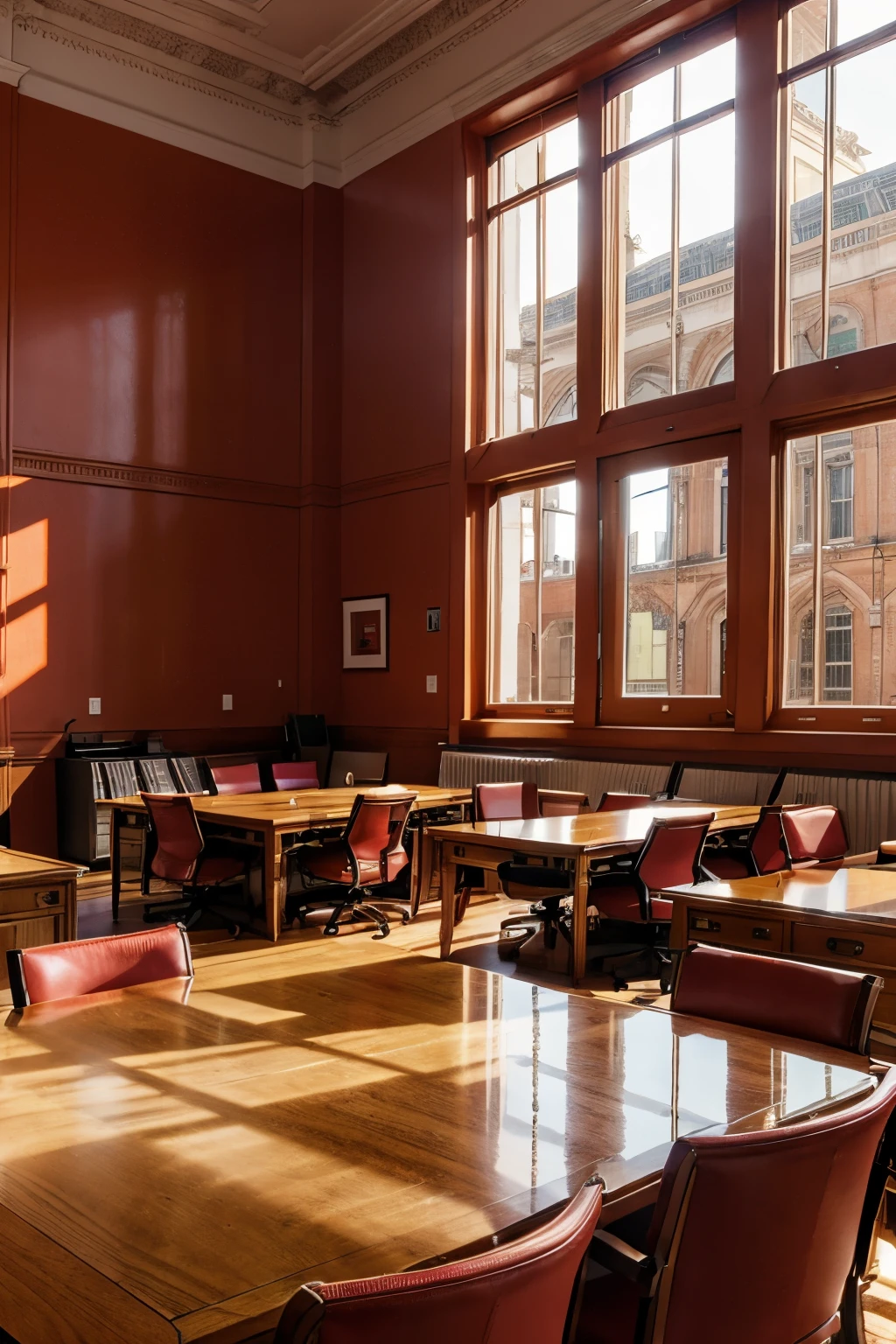 crie em perspectiva, the interior of a large office with bright windows, (furniture with red details)