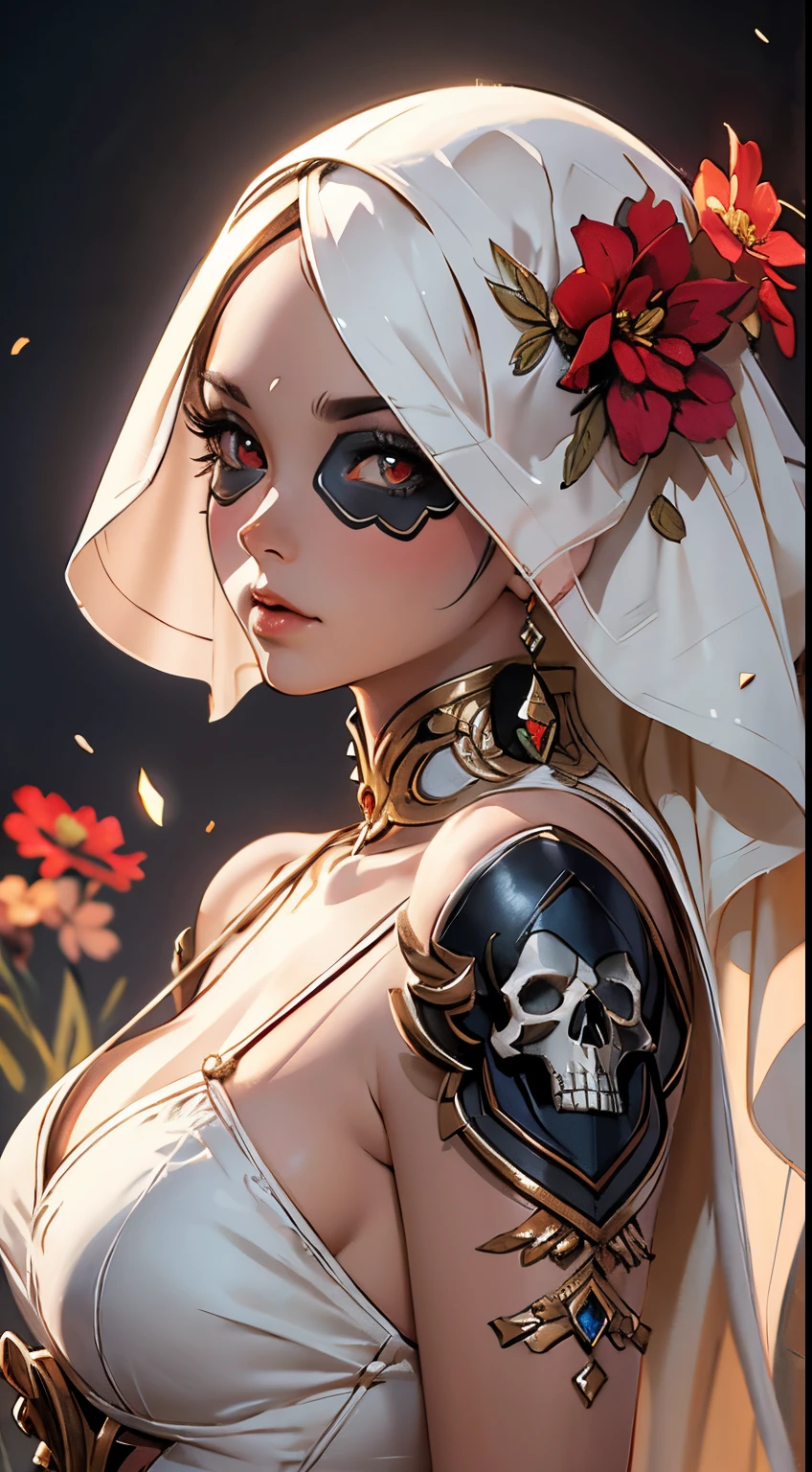 A surrealistic, ethereal painting of a goddess of death, her face shrouded in a veil of shadows, skull head, skeleton, death, red flowers red , tribal American, full body, fantasy, elegant, highly detailed, digital painting, artstation, concept art, smooth, sharp focus, illustration, alphonse mucha, 4K, photography, photorealistic, detailed illustration pastel tetradic colors, cute and quirky, fantasy art, watercolor effect, hand-drawn, digital painting, soft lighting, isometric style, retro aesthetic, 4K resolution, photorealistic rendering,