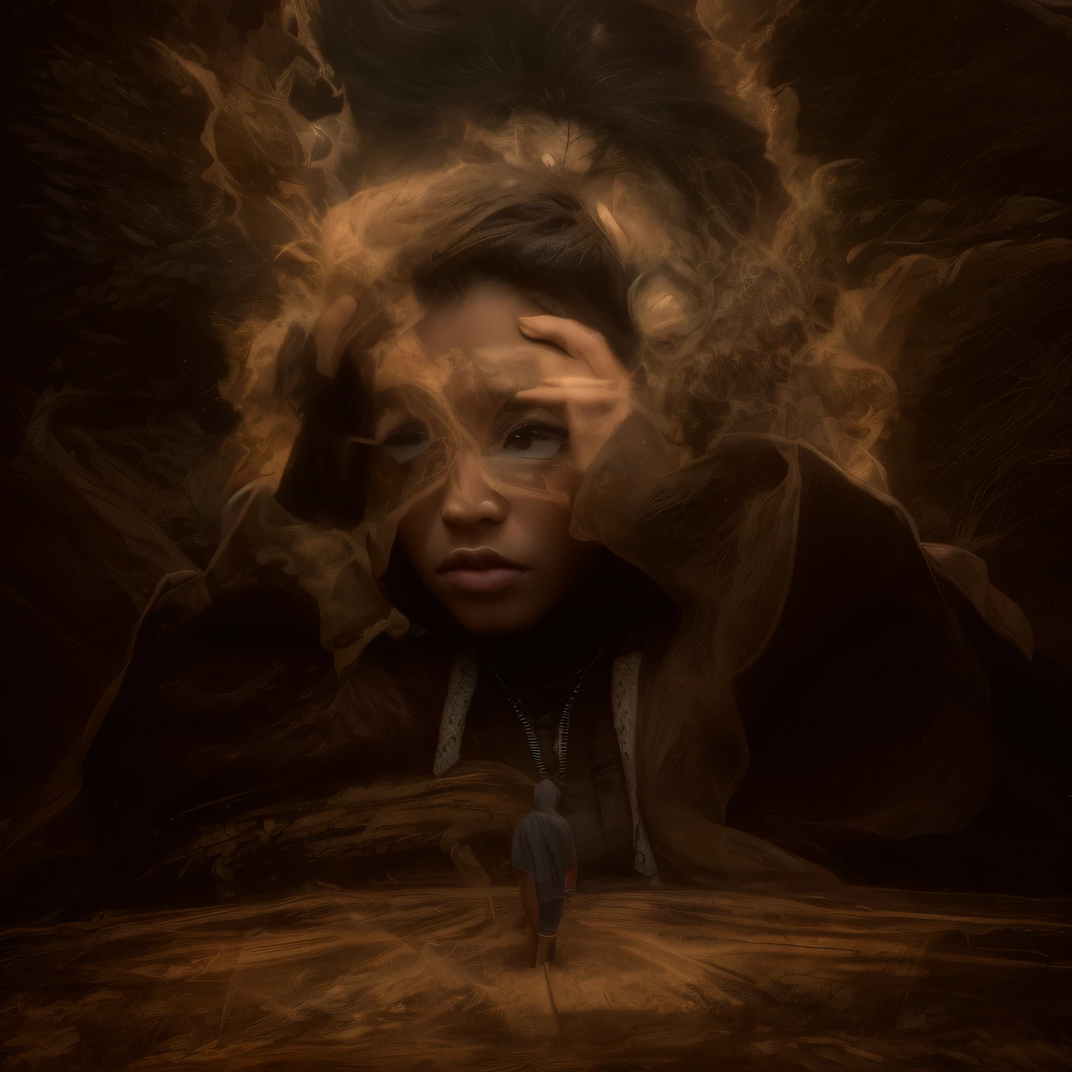 dark backdrop, PRETO, there is a girl sitting on a man's shoulders, tiny girl looking on, altamente focado, foto focada, Futuro ativista, olhos focados, curious expression, Olhando para o Viewer, Looking at camera, Olhos curiosos, Pequena pessoa assistindo, is looking at a bird, look into the distance, Looking at the Viewer, bem focado, Catchlight nos olhos