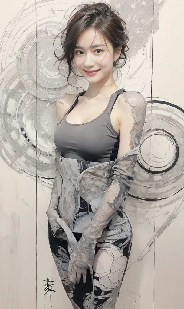 (On a table, Best quality at best, realistically, ultra - detailed, meticuloso, A high resolution, 8k wallpaper), Close-up portrait of a beautiful woman, Chariada, Smiling, light brown messy hair, Perfect dynamic composition, 美丽meticuloso的眼睛, Just like the cover of a fashion magazine, On campus