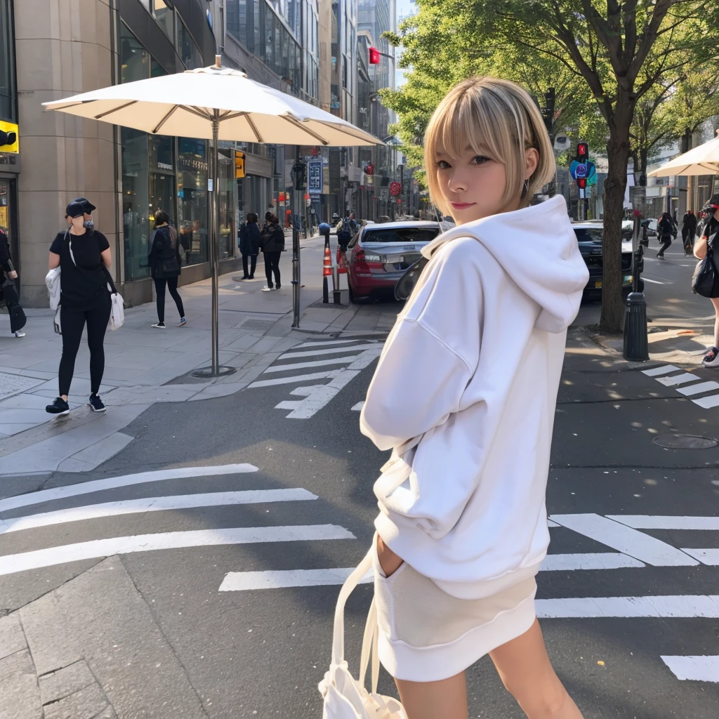 femboy, beautiful, in the middle of a crosswalk in the city, fleshy like a woman, wearing a white hoodie and hot pants,