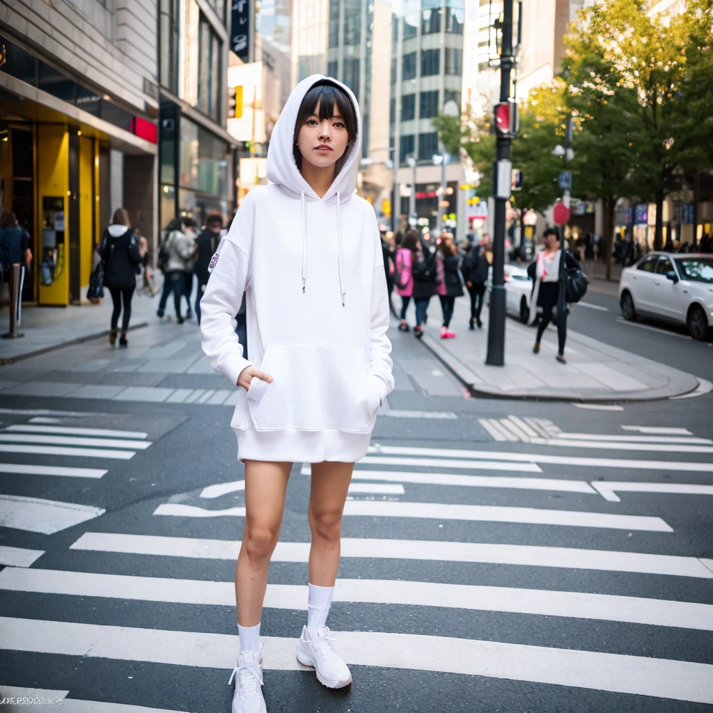 femboy, beautiful, in the middle of a crosswalk in the city, fleshy like a woman, wearing a white hoodie and hot pants,