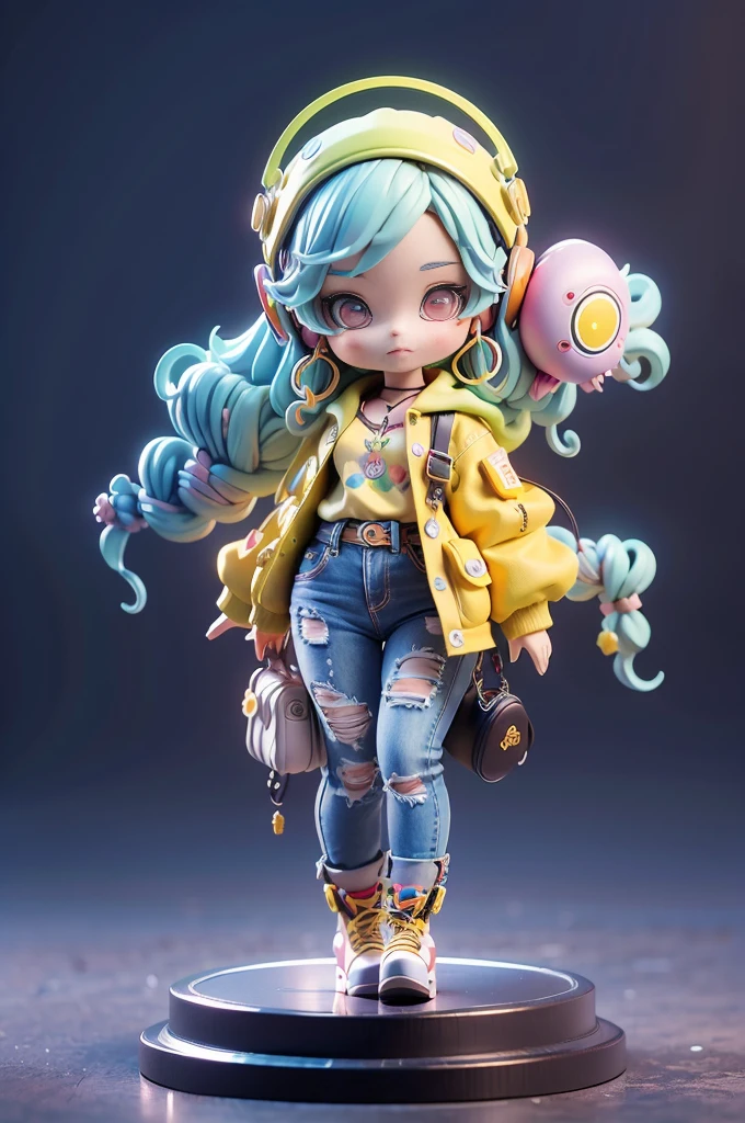 Girl with long hair and hair band,Wear hippie fashion clothes,Bell-bottom jeans,psychedelic color fashion,(master-piece,bestquality),3D Blind Box Doll,Pastel tones,light,high detailed official artwork,Beautiful anime art, anime fantasy illustration、yellow background、detailed drawing、