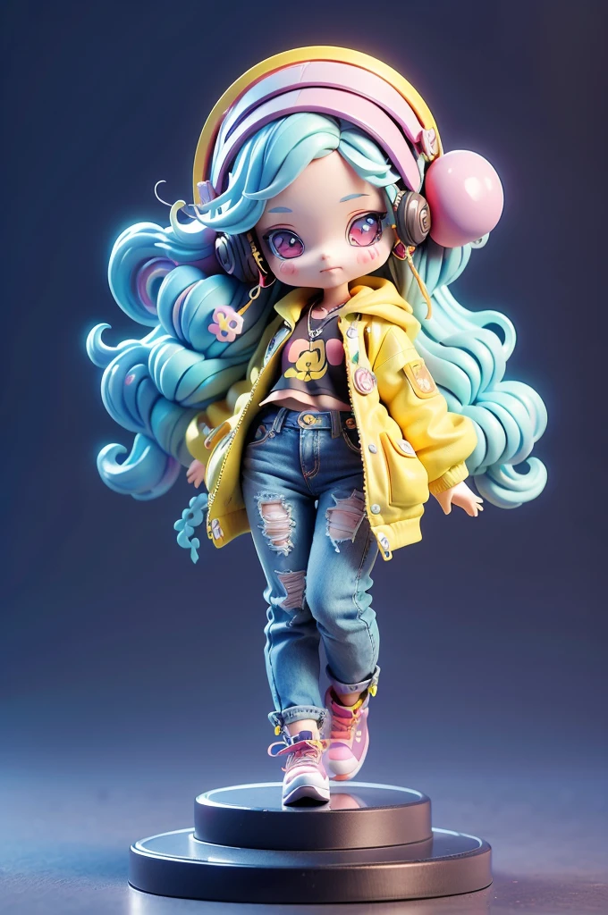 Girl with long hair and hair band，Wear hippie fashion clothes，Bell-bottom jeans，psychedelic color fashion，（master-piece，bestquality），3D Blind Box Doll，Pastel tones，light，high detailed official artwork，Beautiful anime art, anime fantasy illustration、yellow background、detailed drawing、