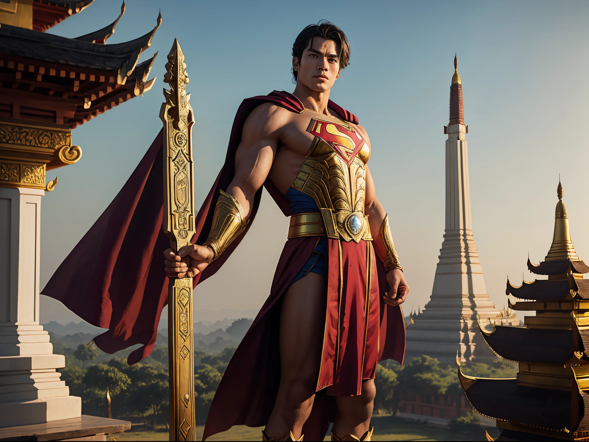prompt: Superman wearing Myanmar traditional costume, longyi, he is holding the hammer of THOR, he is standing on a pagoda of Bagan, realistic, 4k