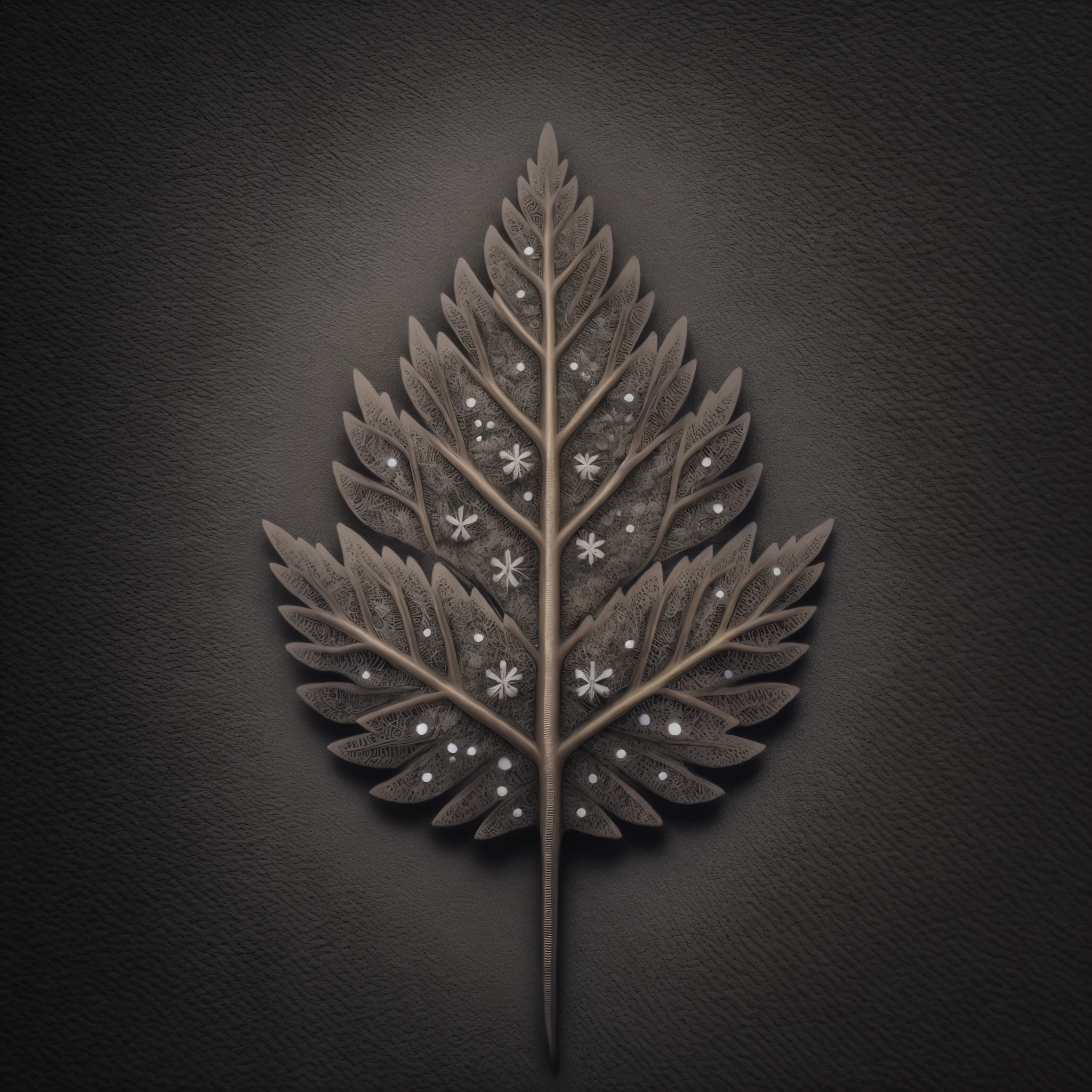 There is a leaf on a black background，There are snowflakes on it, Intricate art deco leaf design, An intricate leaf of fantasy, Fractal leaves, very detailed leaves, very detailed leaves, very detailed illustration, inspired by Petros Afshar, Beautifully detailed illustrations, Made from leaf skeleton, Jungian Symbols of Winter, high detail illustration, Plume made of fractals