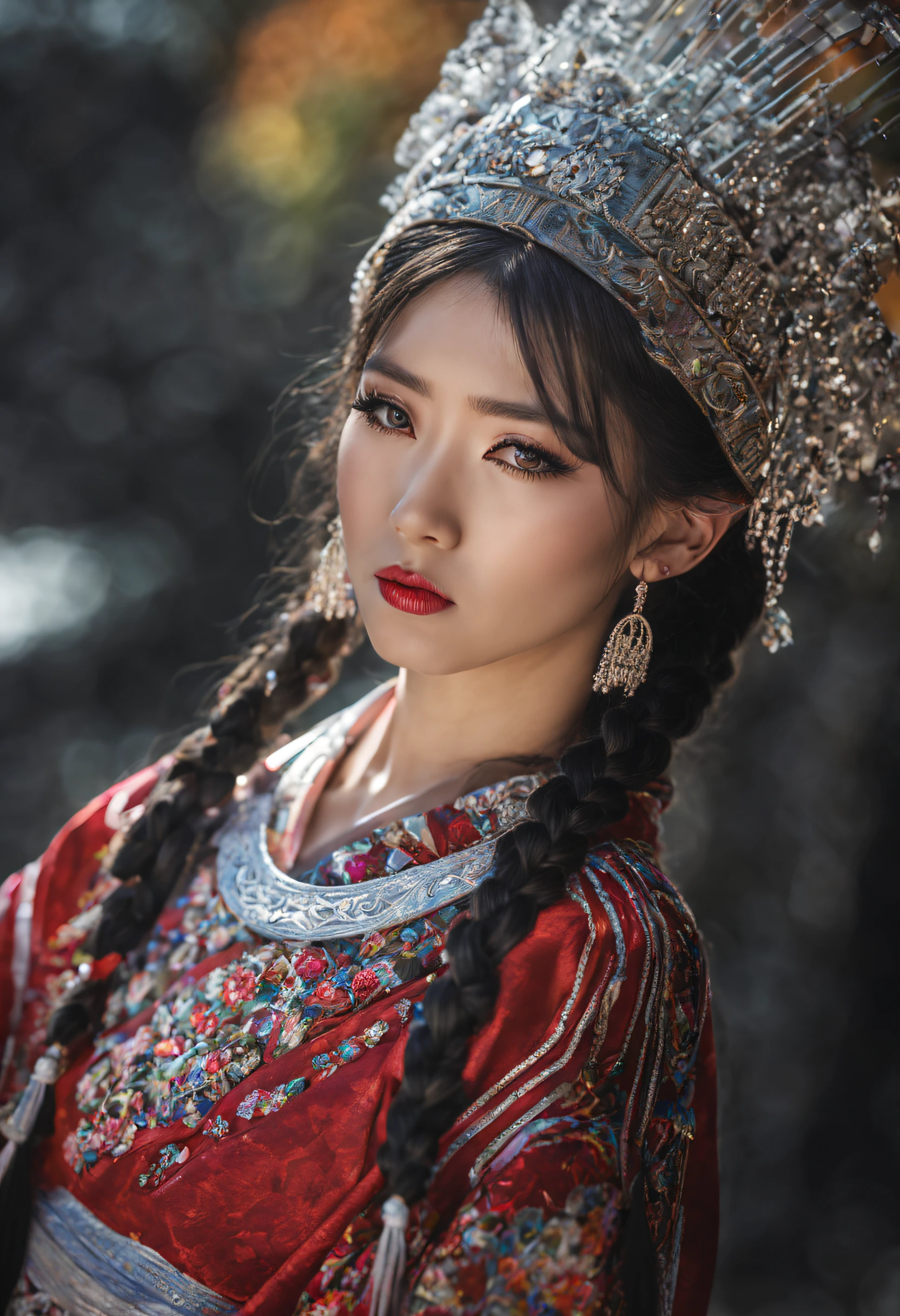 HDR,UHD,8K, best quality, masterpiece, absurdres,extremely detailed,
miaoyuansu, miao8, 1girl, solo, black hair, realistic, braid, long hair, jewelry, earrings, twin braids, upper body, looking at viewer, multiple braids, hair ornament, blurry, traditional clothes, hat, blurry background, portrait, makeup, headdress, japanese clothes, kimono, eyelashes,