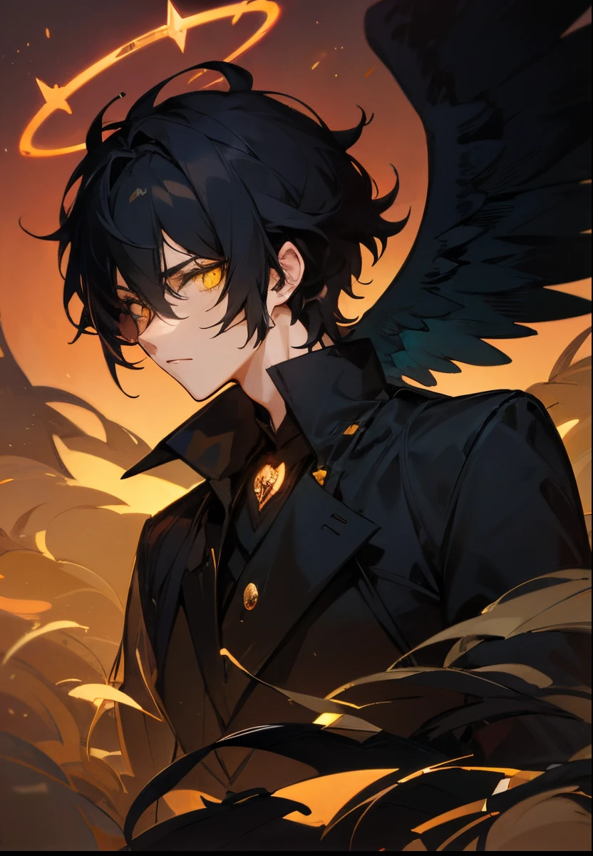 Anime, Male character, solo, black hair, messy, fluffy hair, short hair, kpop hair, hair on eyes, pigtail behind hair, death stare, yellow eyes, glowing yellow eyes, black angel, black angel halo, black wings, cool, ikemen, handsome, aesthetic, illustration, anime artstyle, masterpiece, best quality, detailed, 1man, professional artwork, digital art, basic expression, irresistible, gorgeous, looking you, pure art, situational scene, scenario, 4k, hd, miserable, mystic, entity, black outfit with golden detsils, regal personality