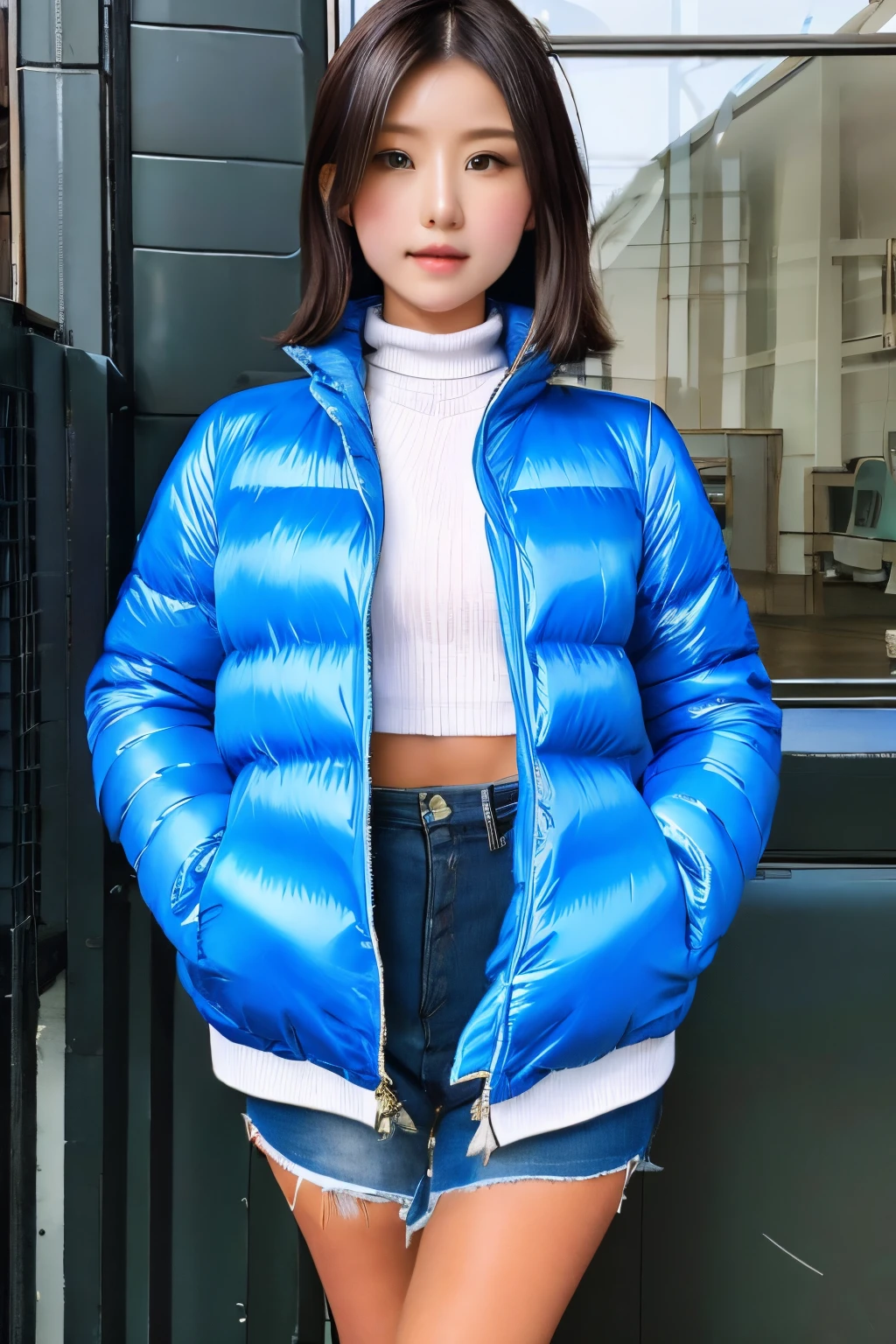 Model dressing Zipper Up Stand Collar Down Jacket Casual Cropped Long Sleeve Winter Warm Outerwear Rainbow Color, blue eyes, brunette with white strands of hair, slightly dark skin, bust 3 sizes, charismatic appearance, 21 years old, originally, smart face, plump lips, attractive appearance