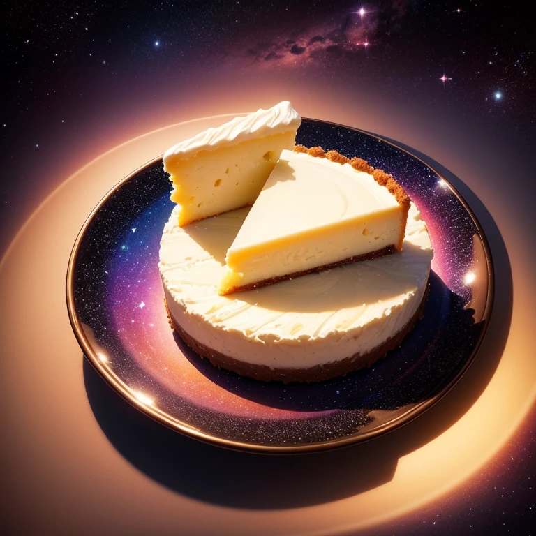 Beautiful cheese cake on galaxy color background. a piece of Cheese cake on a plate, Astronomical effect