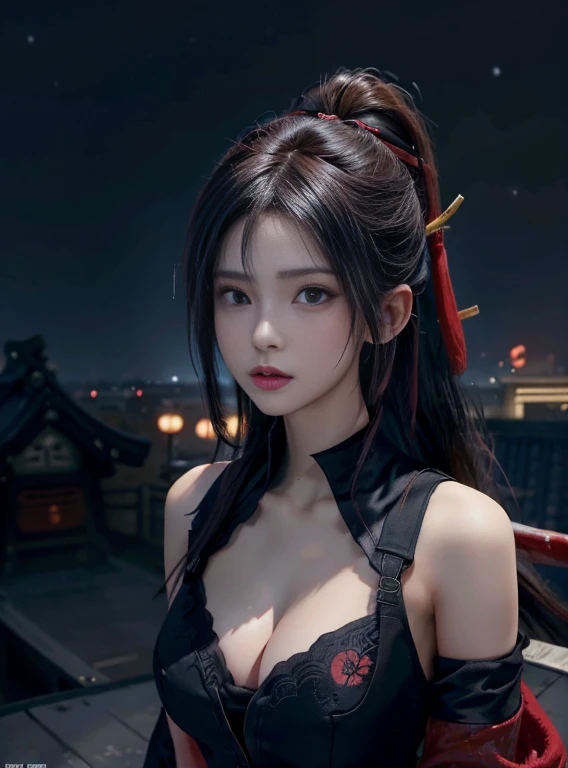 top-quality、Top image quality、​masterpiece、teens girl((18year old、Red Ninja Suit、big bast、Bust 100、A dark-haired、poneyTail、Breasts wide open,Show cleavage、Black eye、Strong eye power、Black Hachimaki、holding a katana、Ready for Battle、Reflecting the whole body)）hiquality、visualart、Background with((World of Japan、Black sky、On the roof))、