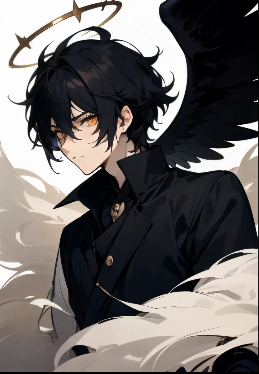 Anime, Male character, solo, black hair, messy, fluffy hair, short hair, kpop hairstyle, hair on eyes, death stare, yellow eyes, glowing yellow eyes, black angel, black angel halo, black wings, cool, ikemen, handsome, aesthetic, illustration, anime artstyle, masterpiece, best quality, detailed, 1man, professional artwork, digital art, basic expression, irresistible, gorgeous, looking you, pure art, situational scene, scenario, 4k, hd, hurt, miserable, betrayed, mystic, entity, black outfit, regal