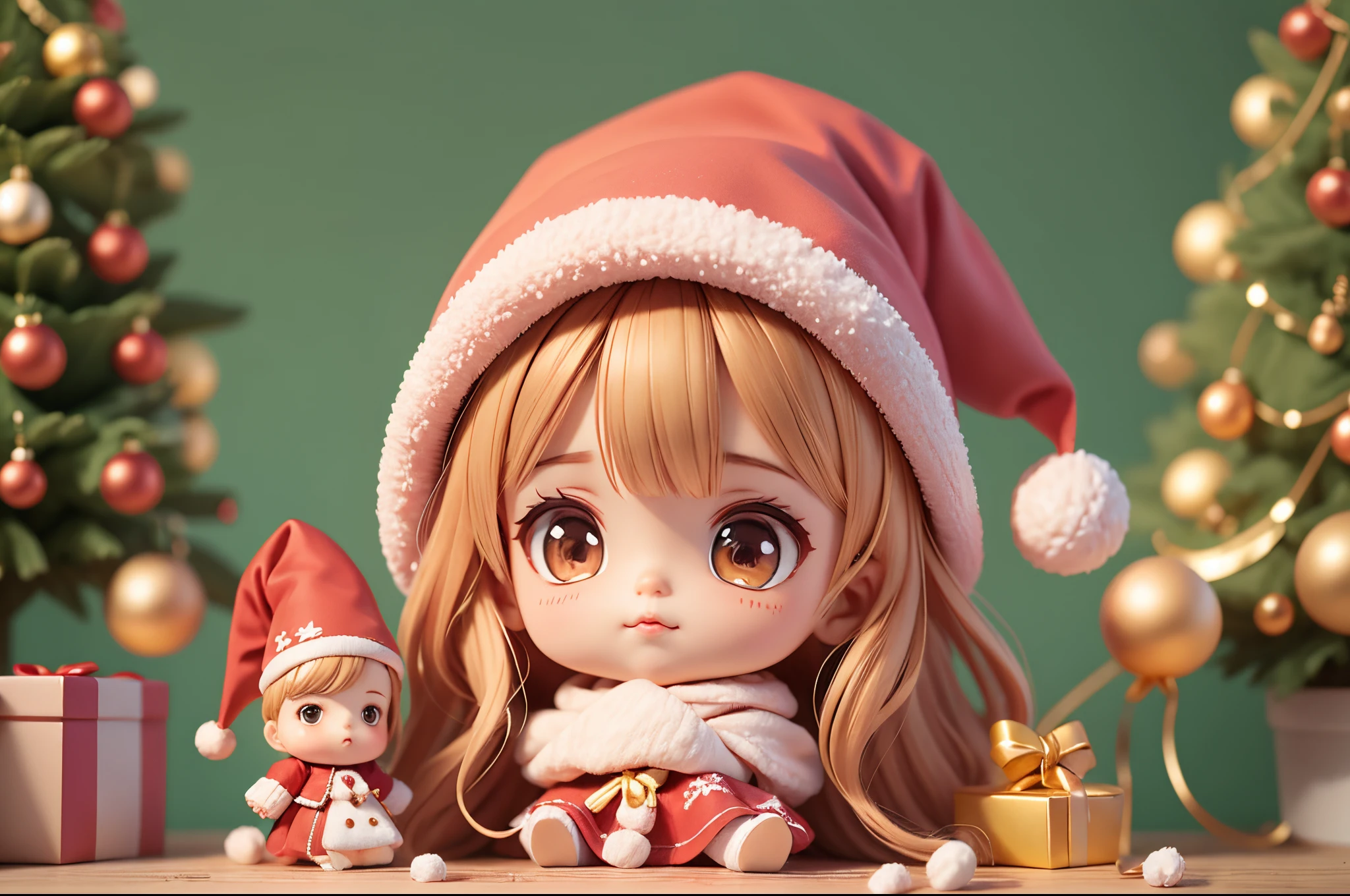wallpaper hd，tmasterpiece.christmas：1.37,Chibi doll，（（1 Sister，Santa's hat，Santa Claus clothes）），The stands up