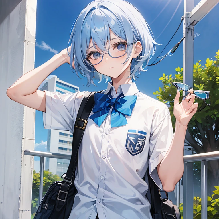 A 13-year-old boy,Wear white shirt school uniform,light blue eyelash color hair,in a school,On a sunny day,quadratic element,Wearing gold wire glasses