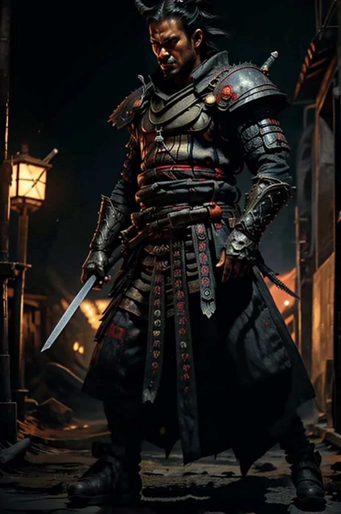 japanese devil samurai standing majestically with holding highly detailed katana, highly detailed, intense angry look, intricate details, symmetrical, digital 3d, hard surface, real time, vfx, trending on artstation, hdr, hyper realism, intense medieval war zone ground in background, cinematic, high detail, depth of field, cinematic lighting, cinematic lighting, Surrealism, 8k, UHD, masterpiece