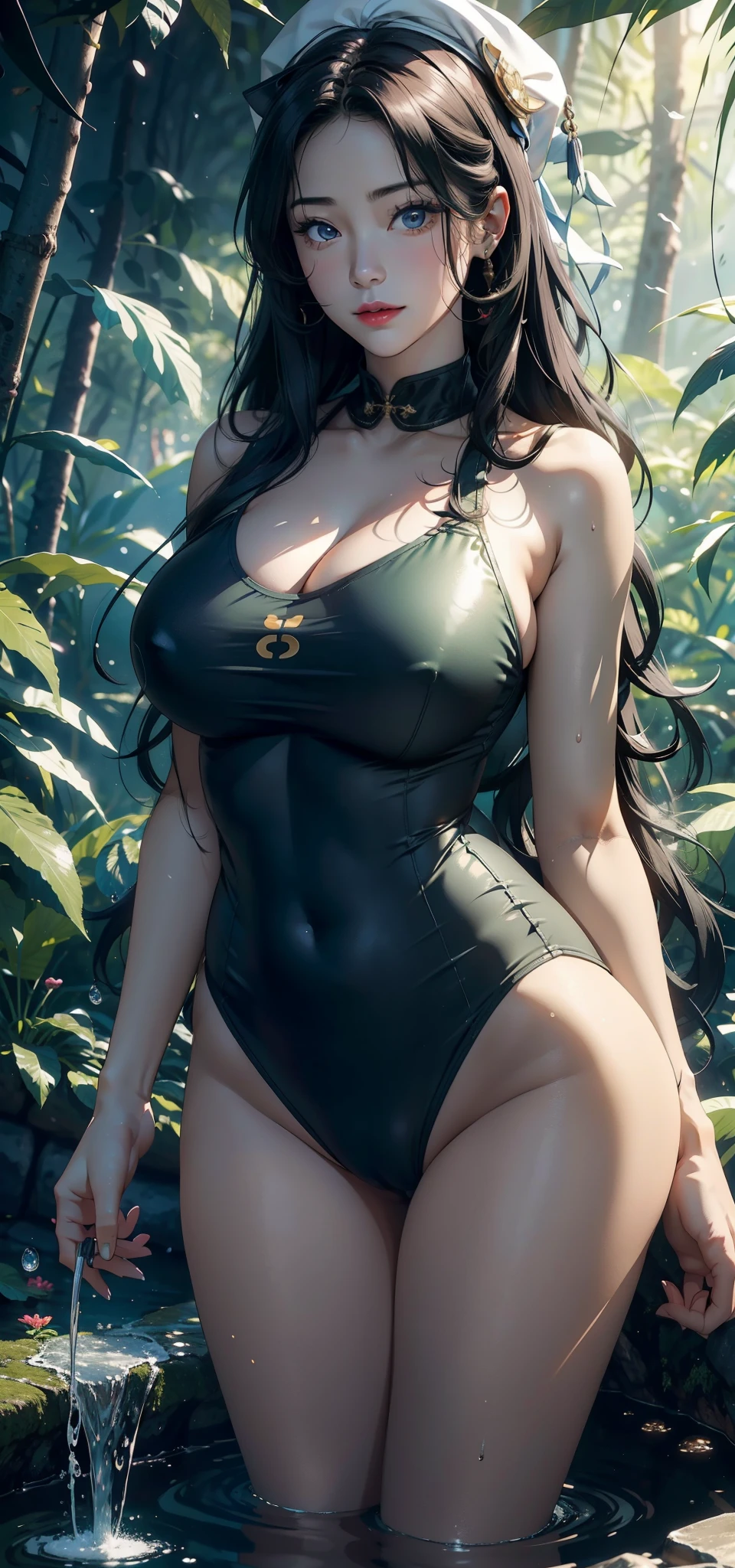 1female，45 yers old，Married woman，legs long, Slim waist， photo exposure， 独奏，（Background with：at a forest，the rainforest，Ground area water） She has long black hair，Stand deep in the forest，seen from the front， curlies， sky with many clouds，（（（tmasterpiece），（Very detailed CG unified 8k wallpaper），Best quality at best，电影灯光，detailed back ground，beautiful pupil，（very delicate beautiful），（Beautiful and detailed eye descriptions），ultra - detailed，tmasterpiece，））Redlip，Snow-white skin，a little bit chubby，pubic hair very large，facing at the camera，A high resolution，ultra - detailed），Revealed，Very huge，， convex，Camel toes，The cleavage protrudes，athlete（dressed in：Sailor's cap，Green swimsuit），