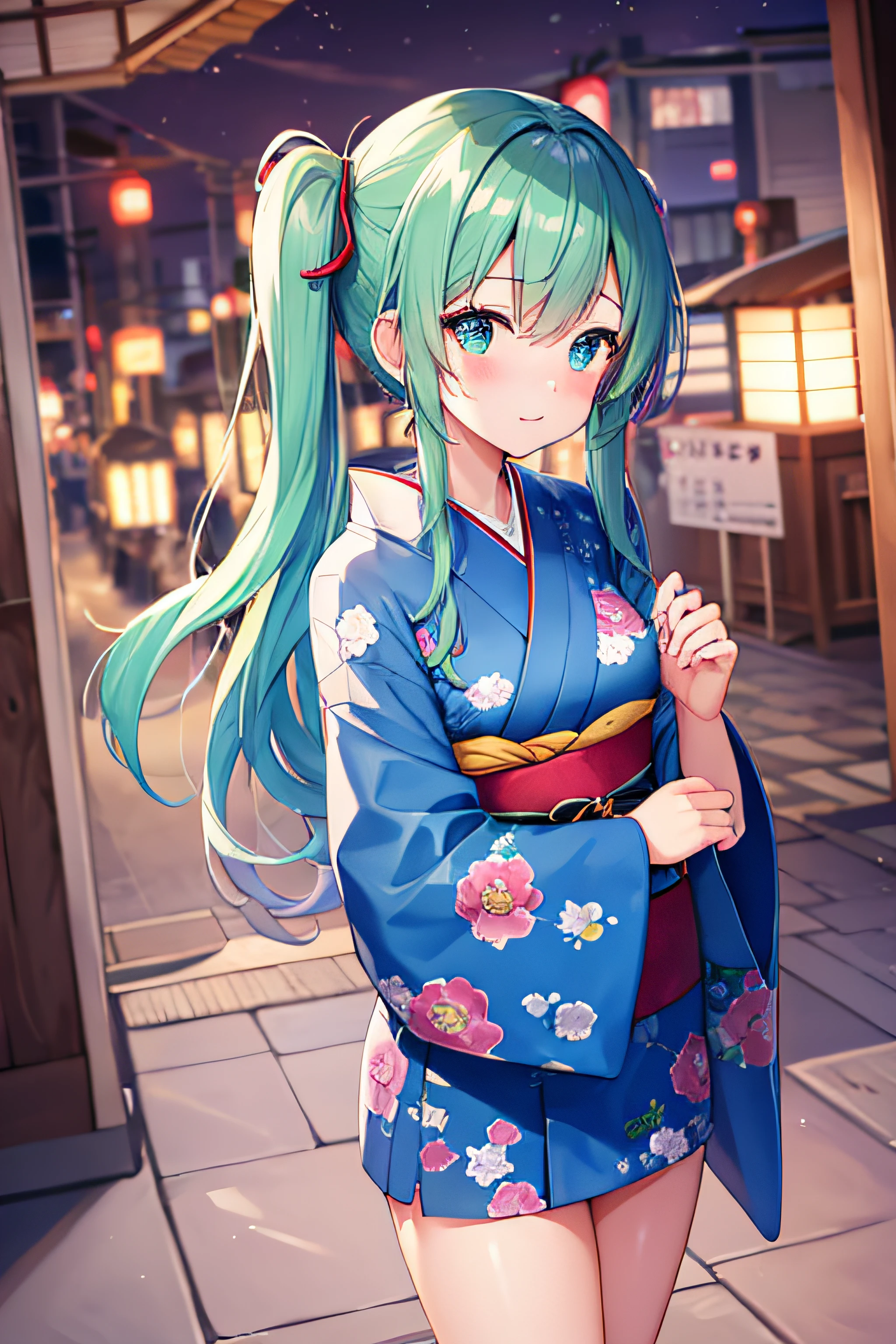 masterpiece、Top image quality、超A high resolution、miku hatsune、blue hairs、Twin-tailed、Blushing、Cute and shy、Short kimono、well-shaped thighs、kyoto、Japan、Night