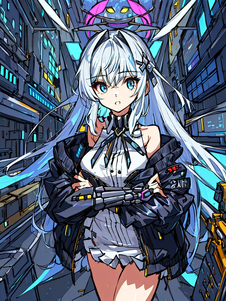 top-quality、ighly detailed、​masterpiece、ultra-detailliert、illustratio、((1girl in))、silber hair、length hair、Floating hair、、Cyber City、Neon building、(The upper part of the body:1.05)、extremely_Detailed_Eyes_And_Face,cybernetic wings mechanical wings、Random posture、Skyscraper、、Mechumusume、shrine maiden clothe,maid clothes、Random angles、anime styled,cowboy  shot