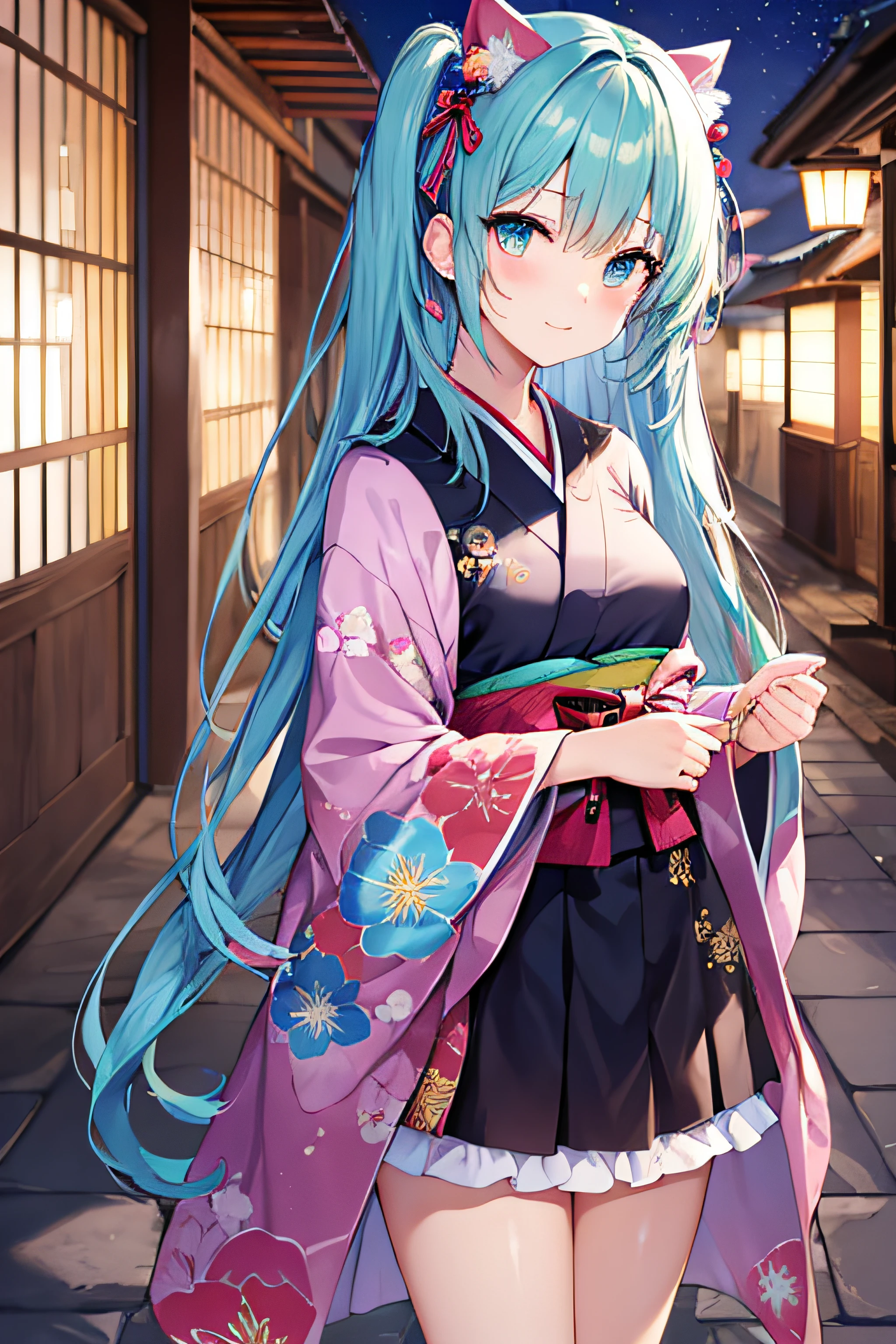 masterpiece、Top image quality、超A high resolution、miku hatsune、blue hairs、Twin-tailed、Blushing、Cute and shy、Short kimono、well-shaped thighs、kyoto、Japan、Night