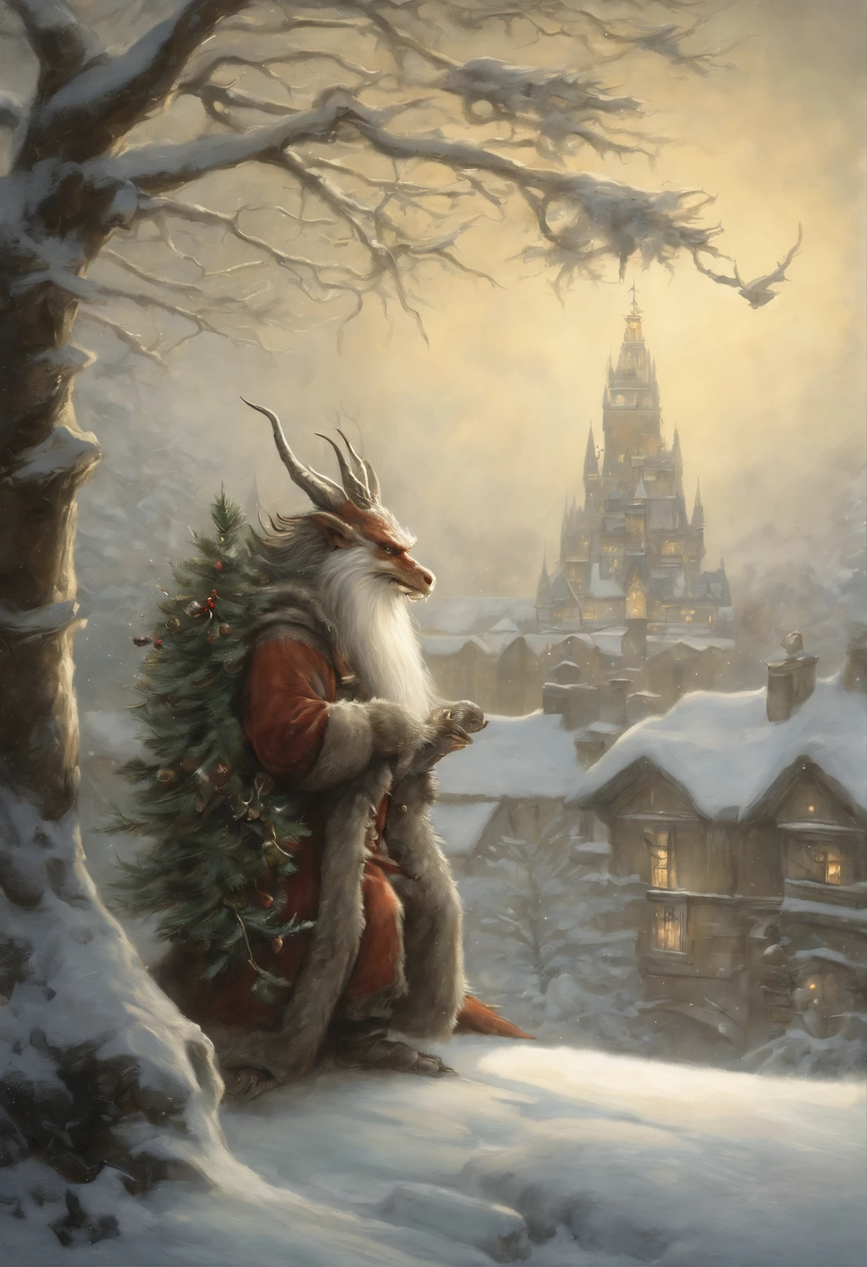 真实感, dark fantasy style, John Tolkien style, Small painting by Jean-Baptiste Monge, the dragon hugs the Christmas tree with its tail, winter, Snow is falling, huge christmas tree, a huge white dragon hugs a Christmas tree, large white dragon with golden crest, anatomically correctly drawn body, Looks like an ancient dragon, Santa Claus near the Christmas tree, The city, megalopolis, city trail, Big Christmas tree, glass skyscraper, Jean-Baptiste Monge, anthropomorphic --ar 2:3 --testp -optimistic;