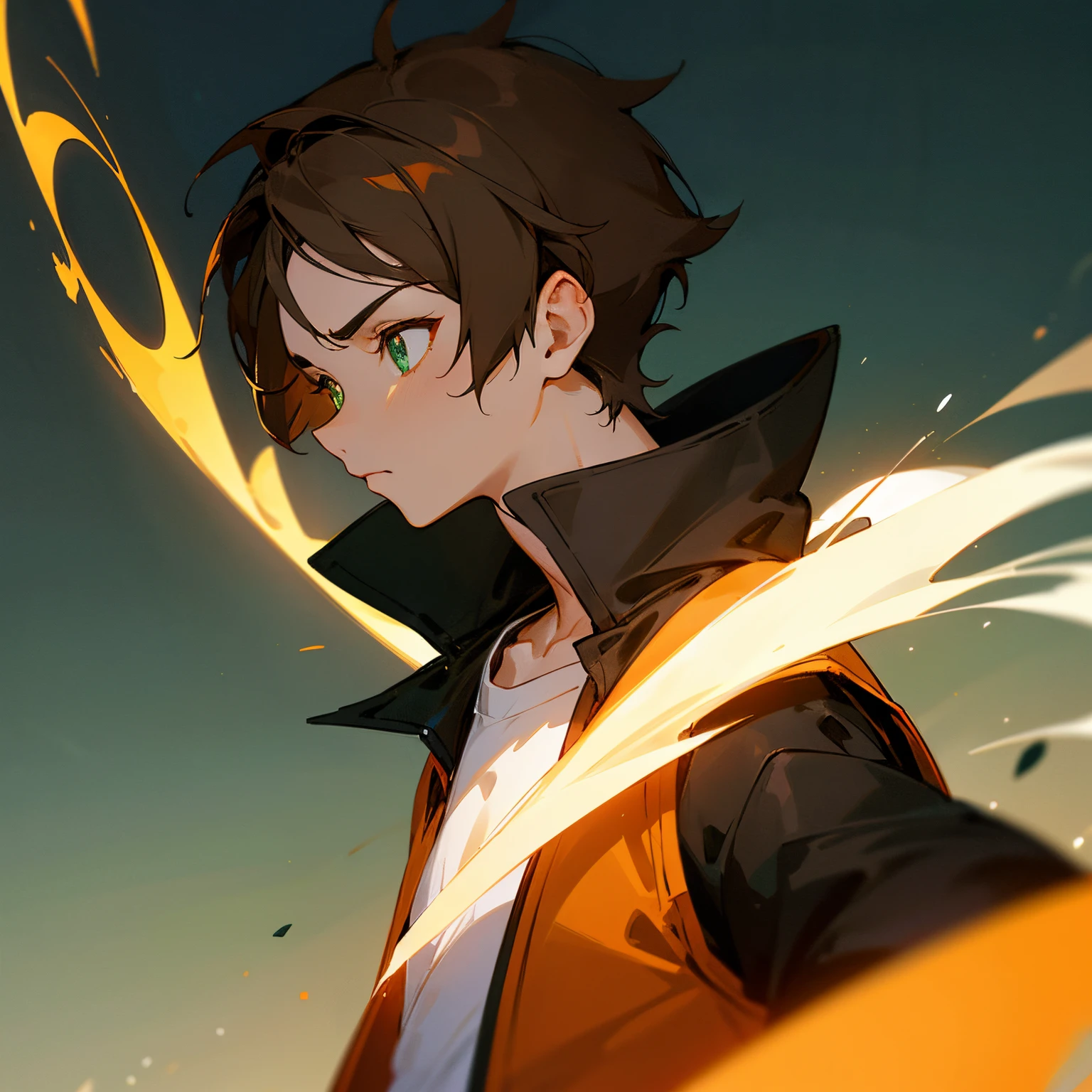 A young boy , orange and black jacket, white t-shirt, epic, fantasy, lean body, glowing eyes, anime style, shoulders up picture, night background, close up on face, slim tiny thin body, brown short hair, green eyes, profile picture