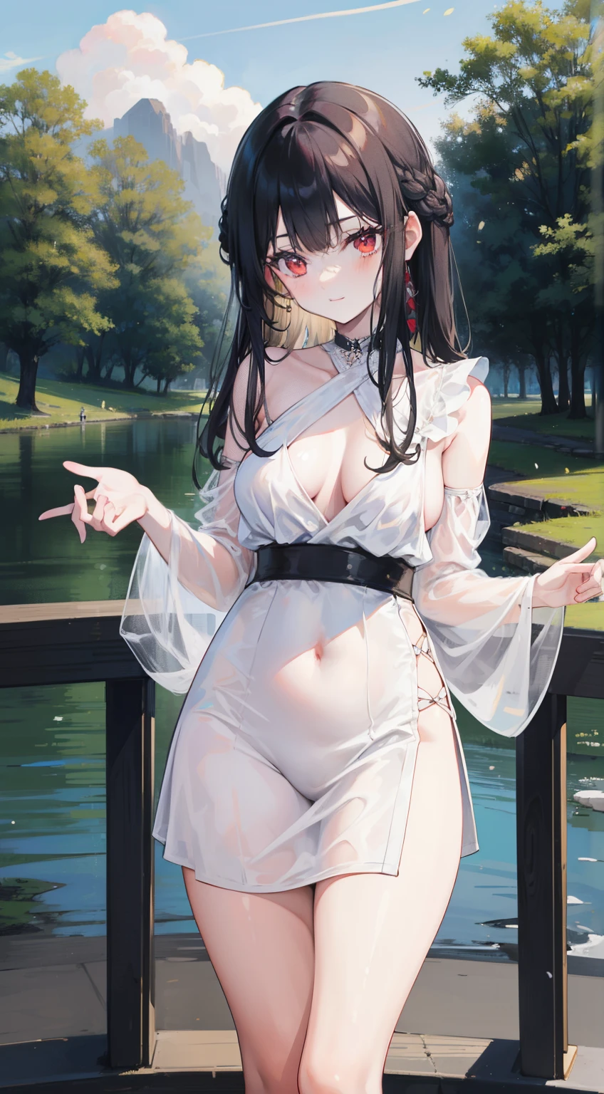 (masterpiece), (best quality), (4k resolution), (anatomy; perfect), 1 adult girl, fair skin, red eyes, (big black hair), (locks, bangs), loose hair, (light effects in hair), eyebrow, nose, ear, tight mouth, smile, (New Year's outfit), white clothes, (big chest), (perfect belly), (perfect waist), thick legs thick thigh, standing, scenery background, in the park, new year, beautiful night, night lighting, looking at viewer