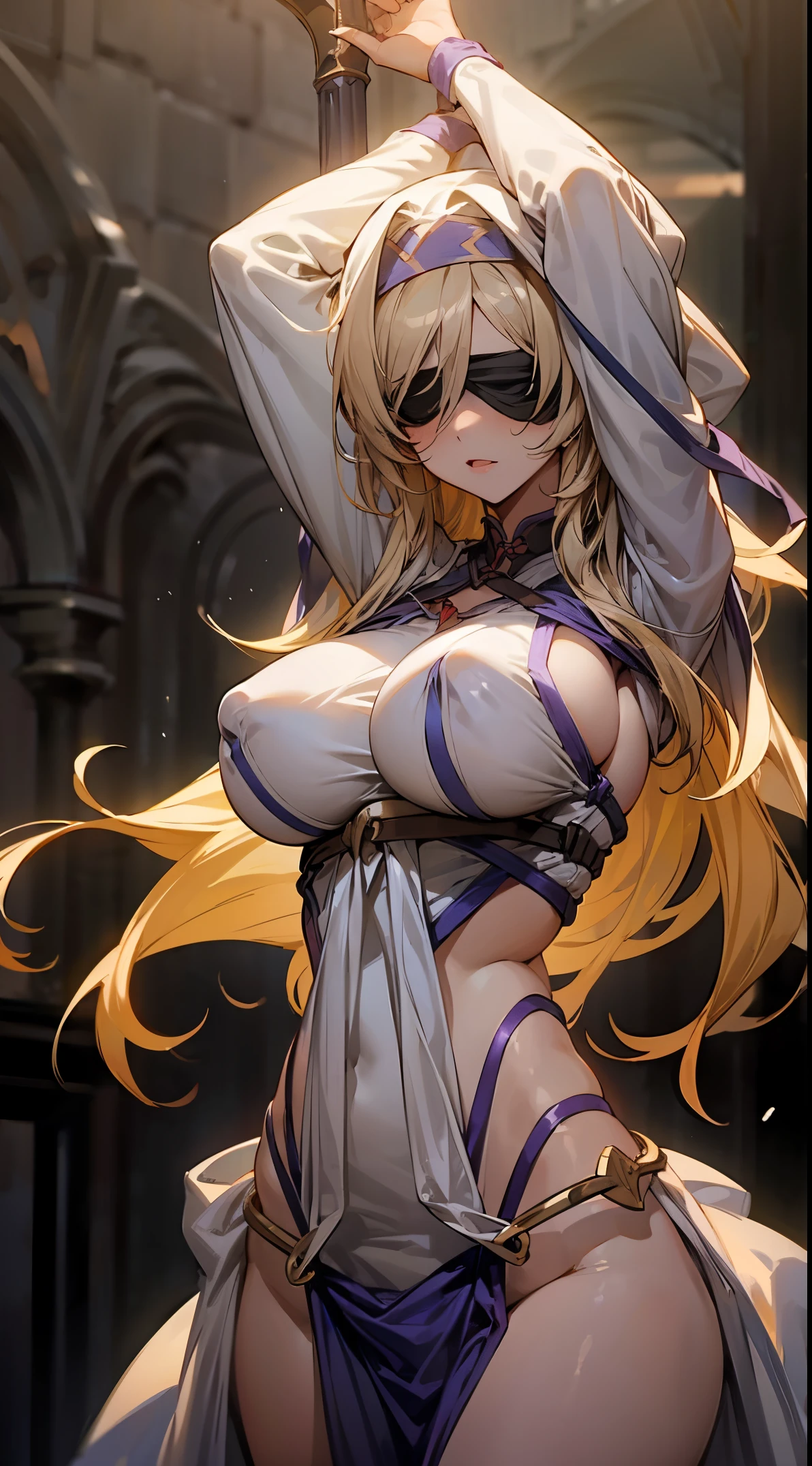 Sexy girl, beautiful girl, raiden from goblin slayer, beautiful, sexy, tall, yellow hair, white clothes, big boobs, sword, cinematic, dramatic pose, Wearing blindfold, rape, goblins
